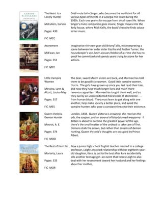 The Heart is a         Deaf-mute John Singer, who becomes the confidant for all
Lonely Hunter          various types of misfits in a Georgia mill town during the
                       1930s. Each one yearns for escape from small town life. When
McCullers, Carson      Singer's mute companion goes insane, Singer moves into the
                       Kelly house, where Mick Kelly, the book's heroine finds solace
Pages: 430             in her music.

FIC MCC

Atonement              Imaginative thirteen-year-old BrionyTallis, misinterpreting a
                       scene between her older sister Cecilia and Robbie Turner, the
McEwan, Ian            housekeeper's son, later accuses Robbie of a crime she has no
                       proof he committed and spends years trying to atone for her
Pages: 351             actions.

FIC MCE


Little Vampire         The dear, sweet March sisters are back, and Marmee has told
Women                  them to be good little women. Good little vampire women,
                       that is. The girls have grown up since you last read their tale,
Messina, Lynn &        and now they have much longer lives and much more
Alcott, Louisa May     ravenous appetites. Marmee has taught them well, and so
                       they live by an unprecedented moral code of abstinence . . .
Pages: 317             from human blood. They must learn to get along with one
                       another, help make society a better place, and avoid the
FIC MES                vampire hunters who pose a constant threat to their existence.

Queen Victoria         London, 1838. Queen Victoria is crowned; she receives the
Demon Hunter           orb, the scepter, and an arsenal of bloodstained weaponry. If
                       Britain is about to become the greatest power of the age,
Moorat, A. E.          there’s the small matter of the undead to take care of first.
                       Demons stalk the crown, but rather than dreams of demon
Pages: 374             hunting, Queen Victoria’s thoughts are occupied by Prince
                       Albert.
FIC MOO

The Rest of Her Life   Now a junior high school English teacher married to a college
                       professor, Leigh's strained relationship with her eighteen-year-
Moriarty, Laura        old daughter, Kara, is put to the test after Kara accidentally
                       kills another teenage girl--an event that forces Leigh to also
Pages: 333             deal with her resentment toward her husband and her feelings
                       about her mother.
FIC MOR
 