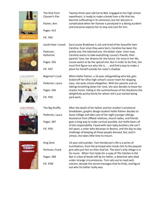 The Dive from        Twenty-three-year-old Carrie Bell, engaged to her high school
Clausen’s Pier       sweetheart, is ready to make a break from a life that has
                     become suffocating in its sameness, but her decision is
Packer, Ann          complicated when her fiancée is paralyzed in a diving accident
                     and everyone expects her to stay and care for him.
Pages: 413

FIC PAC

Jacob Have I Loved   Sara Louise Bradshaw is sick and tired of her beautiful twin
                     Caroline. Ever since they were born, Caroline has been the
Paterson,            pretty one, the talented one, the better sister. Even now,
Katherine            Caroline seems to take everything: Louise's friends, their
                     parents' love, her dreams for the future. For once in her life,
Pages: 256           Louise wants to be the special one. But in order to do that, she
                     must first figure out who she is . . . and find a way to make a
FIC PAT              place for herself outside her sister's shadow.

Beginner’s Luck      When Hallie Palmer, a 16-year-old gambling whiz kid, gets
                     kicked off her Ohio high school's soccer team for skipping
Pedersen, Laura      class, she quits school altogether. With her parents and six
                     siblings breathing down her neck, she also decides to leave her
Pages: 336           chaotic home, hiding in the summerhouse of the Stocktons-the
                     delightfully quirky family for whom she's just started doing
FIC PED              yard work.


The Big Shuffle      After the death of her father and her mother's emotional
                     breakdown, graphic design student Hallie Palmer decides to
Pedersen, Laura      leave college and take care of her eight younger siblings.
                     Assistance from offbeat relatives, church ladies, and friends
Pages: 387           goes a long way to make survival possible, but Hallie bears all
                     of the responsibility. Faced with twin baby brothers she can't
FIC PED              tell apart, a sister who decamps to Boston, and the day-to-day
                     challenge of keeping all those people dressed, fed, and in
                     school, she takes little time to mourn.

King Dork            14-year-old outsider, Tom Henderson’s life is a series of
                     humiliations, from the principal who mocks him to the popular
Portman, Frank       girls who put him on their Dud list. The teen’s only refuge is in
                     his music. When Tom looks for a copy of The Catcher in the
Pages: 368           Rye in a box of books left by his father, a detective who died
                     under strange circumstances. Tom sets out to read each
FIC POR              volume, decode the secret messages that he finds, and figure
                     out who his father really was.
 
