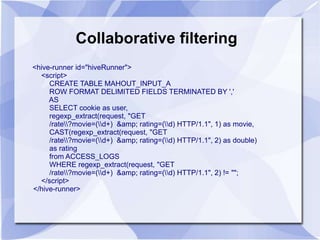Collaborative filtering 
<hive-runner id="hiveRunner"> 
<script> 
CREATE TABLE MAHOUT_INPUT_A 
ROW FORMAT DELIMITED FIELDS TERMINATED BY ',' 
AS 
SELECT cookie as user, 
regexp_extract(request, "GET 
/rate?movie=(d+) &amp; rating=(d) HTTP/1.1", 1) as movie, 
CAST(regexp_extract(request, "GET 
/rate?movie=(d+) &amp; rating=(d) HTTP/1.1", 2) as double) 
as rating 
from ACCESS_LOGS 
WHERE regexp_extract(request, "GET 
/rate?movie=(d+) &amp; rating=(d) HTTP/1.1", 2) != ""; 
</script> 
</hive-runner> 
 