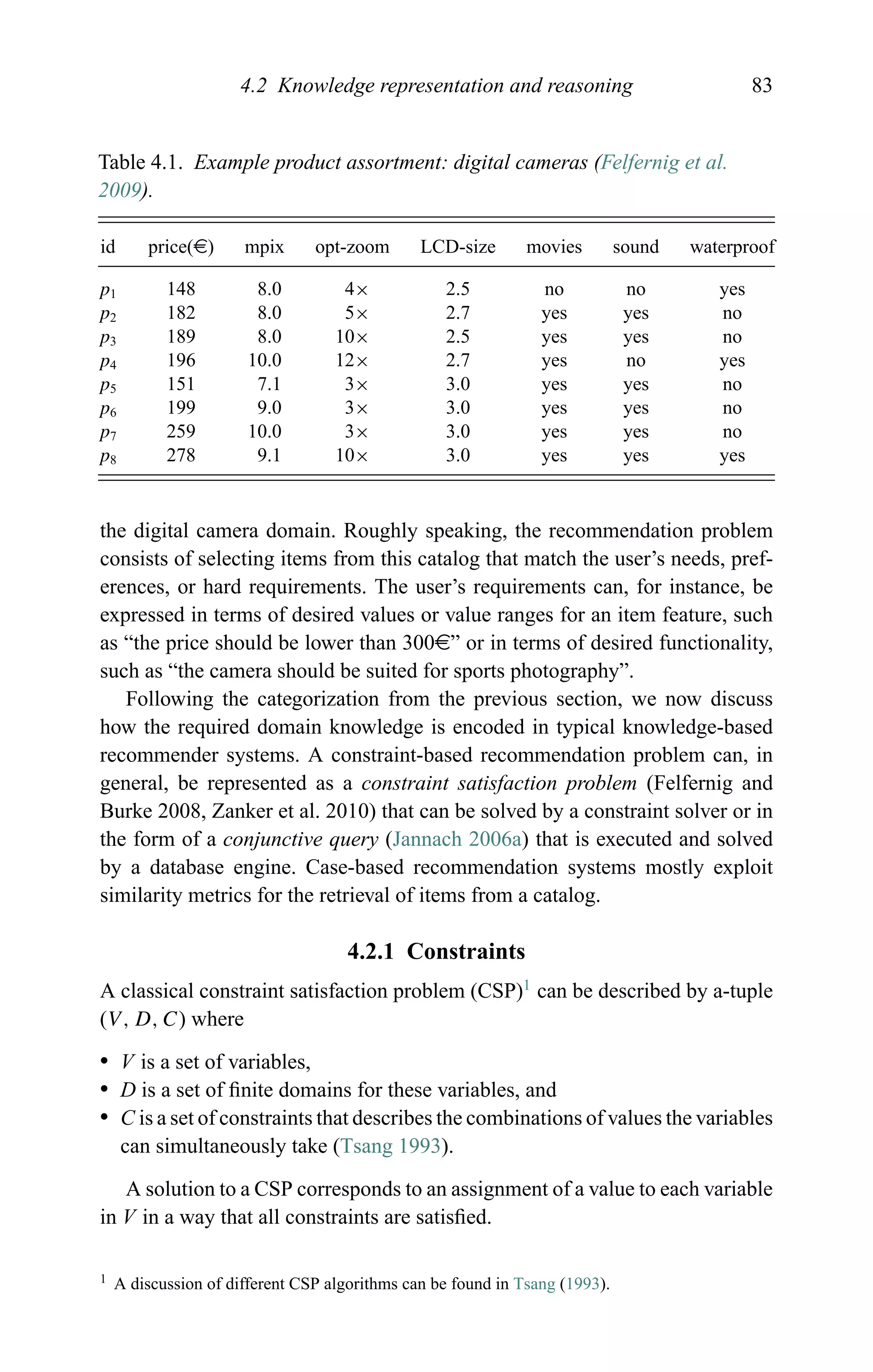 4.2 Knowledge representation and reasoning 83
Table 4.1. Example product assortment: digital cameras (Felfernig et al.
2009).
id price(e) mpix opt-zoom LCD-size movies sound waterproof
p1 148 8.0 4× 2.5 no no yes
p2 182 8.0 5× 2.7 yes yes no
p3 189 8.0 10× 2.5 yes yes no
p4 196 10.0 12× 2.7 yes no yes
p5 151 7.1 3× 3.0 yes yes no
p6 199 9.0 3× 3.0 yes yes no
p7 259 10.0 3× 3.0 yes yes no
p8 278 9.1 10× 3.0 yes yes yes
the digital camera domain. Roughly speaking, the recommendation problem
consists of selecting items from this catalog that match the user’s needs, pref-
erences, or hard requirements. The user’s requirements can, for instance, be
expressed in terms of desired values or value ranges for an item feature, such
as “the price should be lower than 300e” or in terms of desired functionality,
such as “the camera should be suited for sports photography”.
Following the categorization from the previous section, we now discuss
how the required domain knowledge is encoded in typical knowledge-based
recommender systems. A constraint-based recommendation problem can, in
general, be represented as a constraint satisfaction problem (Felfernig and
Burke 2008, Zanker et al. 2010) that can be solved by a constraint solver or in
the form of a conjunctive query (Jannach 2006a) that is executed and solved
by a database engine. Case-based recommendation systems mostly exploit
similarity metrics for the retrieval of items from a catalog.
4.2.1 Constraints
A classical constraint satisfaction problem (CSP)1
can be described by a-tuple
(V, D, C) where
r V is a set of variables,
r D is a set of ﬁnite domains for these variables, and
r C is a set of constraints that describes the combinations of values the variables
can simultaneously take (Tsang 1993).
A solution to a CSP corresponds to an assignment of a value to each variable
in V in a way that all constraints are satisﬁed.
1 A discussion of different CSP algorithms can be found in Tsang (1993).
 