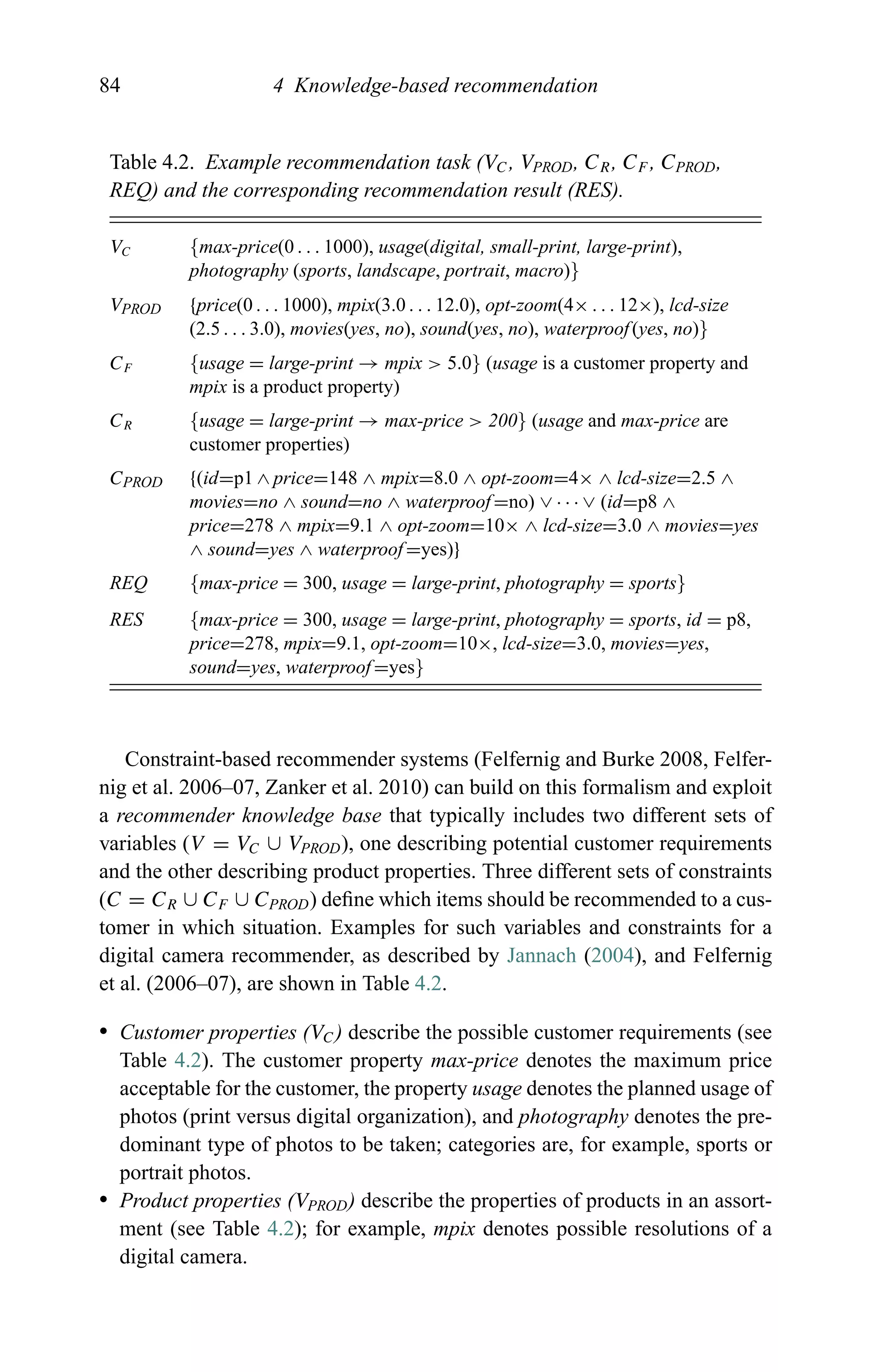 84 4 Knowledge-based recommendation
Table 4.2. Example recommendation task (VC, VPROD, CR, CF , CPROD,
REQ) and the corresponding recommendation result (RES).
VC {max-price(0 . . . 1000), usage(digital, small-print, large-print),
photography (sports, landscape, portrait, macro)}
VPROD {price(0 . . . 1000), mpix(3.0 . . . 12.0), opt-zoom(4× . . . 12×), lcd-size
(2.5 . . . 3.0), movies(yes, no), sound(yes, no), waterproof(yes, no)}
CF {usage = large-print → mpix > 5.0} (usage is a customer property and
mpix is a product property)
CR {usage = large-print → max-price > 200} (usage and max-price are
customer properties)
CPROD {(id=p1 ∧ price=148 ∧ mpix=8.0 ∧ opt-zoom=4× ∧ lcd-size=2.5 ∧
movies=no ∧ sound=no ∧ waterproof=no) ∨ · · · ∨ (id=p8 ∧
price=278 ∧ mpix=9.1 ∧ opt-zoom=10× ∧ lcd-size=3.0 ∧ movies=yes
∧ sound=yes ∧ waterproof=yes)}
REQ {max-price = 300, usage = large-print, photography = sports}
RES {max-price = 300, usage = large-print, photography = sports, id = p8,
price=278, mpix=9.1, opt-zoom=10×, lcd-size=3.0, movies=yes,
sound=yes, waterproof=yes}
Constraint-based recommender systems (Felfernig and Burke 2008, Felfer-
nig et al. 2006–07, Zanker et al. 2010) can build on this formalism and exploit
a recommender knowledge base that typically includes two different sets of
variables (V = VC ∪ VPROD), one describing potential customer requirements
and the other describing product properties. Three different sets of constraints
(C = CR ∪ CF ∪ CPROD) deﬁne which items should be recommended to a cus-
tomer in which situation. Examples for such variables and constraints for a
digital camera recommender, as described by Jannach (2004), and Felfernig
et al. (2006–07), are shown in Table 4.2.
r Customer properties (VC) describe the possible customer requirements (see
Table 4.2). The customer property max-price denotes the maximum price
acceptable for the customer, the property usage denotes the planned usage of
photos (print versus digital organization), and photography denotes the pre-
dominant type of photos to be taken; categories are, for example, sports or
portrait photos.
r Product properties (VPROD) describe the properties of products in an assort-
ment (see Table 4.2); for example, mpix denotes possible resolutions of a
digital camera.
 
