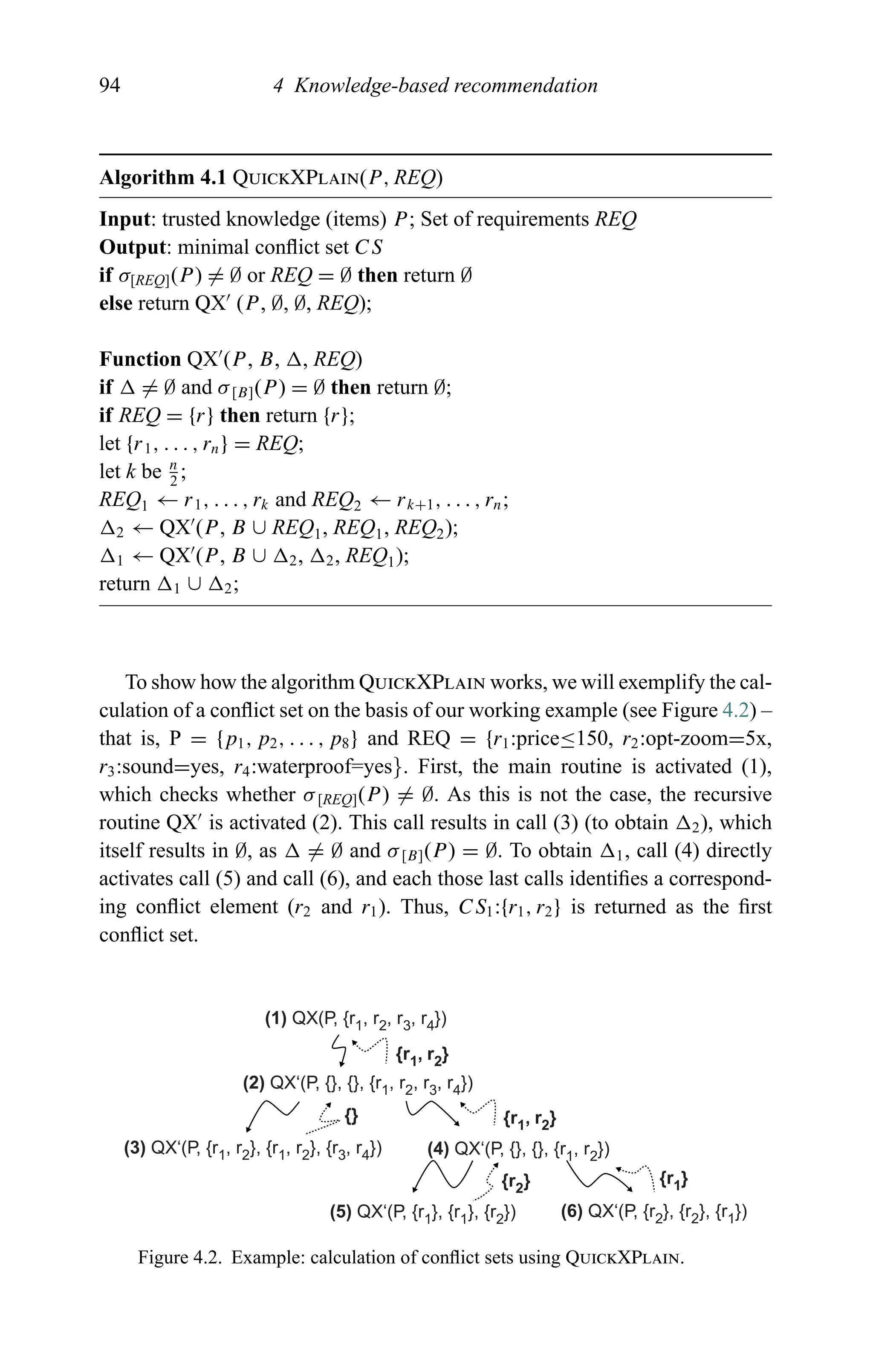 94 4 Knowledge-based recommendation
Algorithm 4.1 QuickXPlain(P, REQ)
Input: trusted knowledge (items) P; Set of requirements REQ
Output: minimal conﬂict set CS
if σ[REQ](P) = ∅ or REQ = ∅ then return ∅
else return QX (P, ∅, ∅, REQ);
Function QX (P, B, , REQ)
if = ∅ and σ[B](P) = ∅ then return ∅;
if REQ = {r} then return {r};
let {r1, . . . , rn} = REQ;
let k be n
2
;
REQ1 ← r1, . . . , rk and REQ2 ← rk+1, . . . , rn;
2 ← QX (P , B ∪ REQ1, REQ1, REQ2);
1 ← QX (P , B ∪ 2, 2, REQ1);
return 1 ∪ 2;
To show how the algorithm QuickXPlain works, we will exemplify the cal-
culation of a conﬂict set on the basis of our working example (see Figure 4.2) –
that is, P = {p1, p2, . . . , p8} and REQ = {r1:price≤150, r2:opt-zoom=5x,
r3:sound=yes, r4:waterproof=yes}. First, the main routine is activated (1),
which checks whether σ[REQ](P) = ∅. As this is not the case, the recursive
routine QX is activated (2). This call results in call (3) (to obtain 2), which
itself results in ∅, as = ∅ and σ[B](P) = ∅. To obtain 1, call (4) directly
activates call (5) and call (6), and each those last calls identiﬁes a correspond-
ing conﬂict element (r2 and r1). Thus, CS1:{r1, r2} is returned as the ﬁrst
conﬂict set.
(1) QX(P, {r1, r2, r3, r4})
{r1, r2}
{r1, r2}
{r1}{r2}
{}
(2) QX‘(P, {}, {}, {r1, r2, r3, r4})
(4) QX‘(P, {}, {}, {r1, r2})
(5) QX‘(P, {r1}, {r1}, {r2}) (6) QX‘(P, {r2}, {r2}, {r1})
(3) QX‘(P, {r1, r2}, {r1, r2}, {r3, r4})
Figure 4.2. Example: calculation of conﬂict sets using QuickXPlain.
 