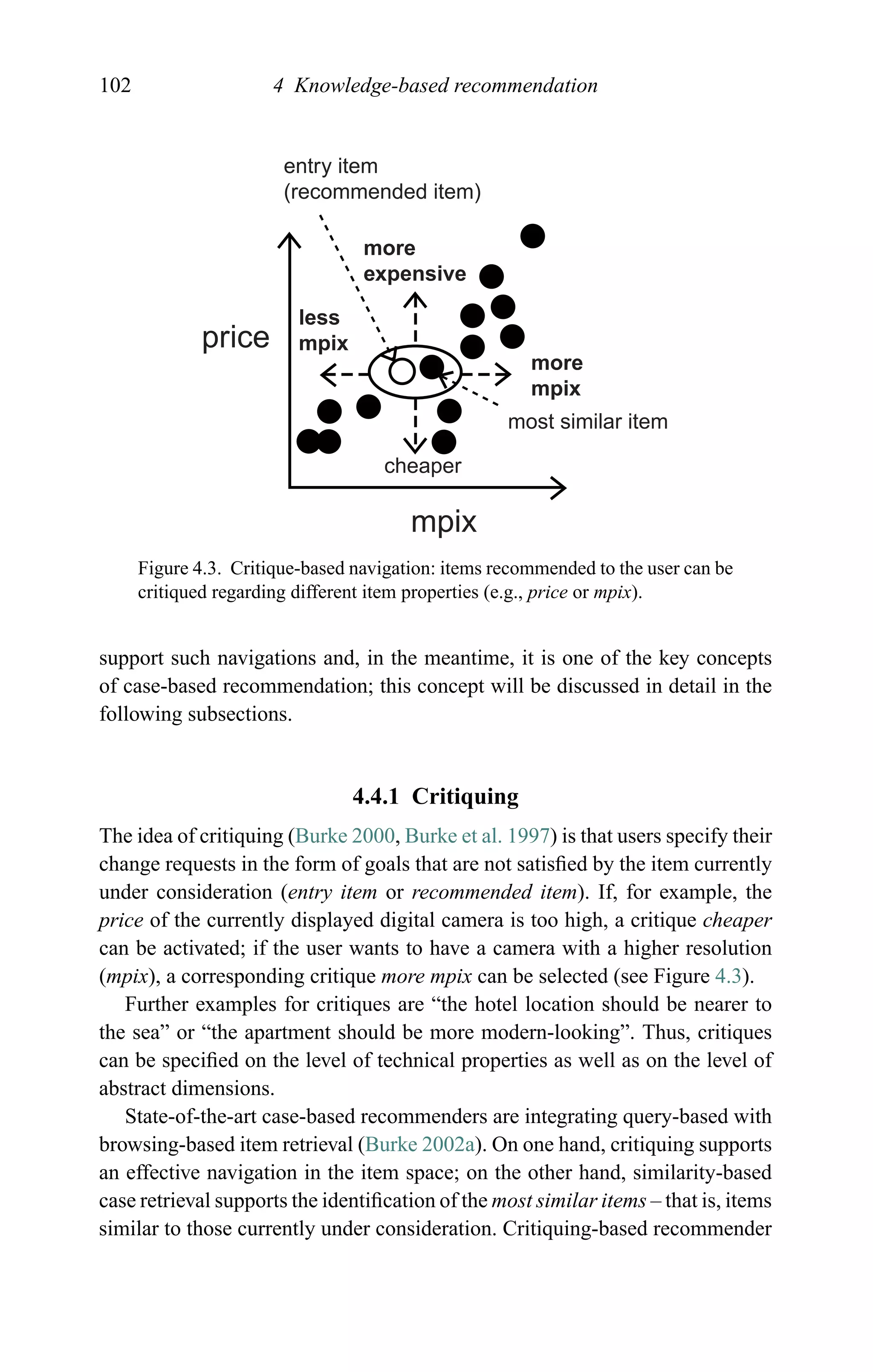 102 4 Knowledge-based recommendation
entry item
(recommended item)
more
expensive
less
mpix
cheaper
most similar item
more
mpix
price
mpix
Figure 4.3. Critique-based navigation: items recommended to the user can be
critiqued regarding different item properties (e.g., price or mpix).
support such navigations and, in the meantime, it is one of the key concepts
of case-based recommendation; this concept will be discussed in detail in the
following subsections.
4.4.1 Critiquing
The idea of critiquing (Burke 2000, Burke et al. 1997) is that users specify their
change requests in the form of goals that are not satisﬁed by the item currently
under consideration (entry item or recommended item). If, for example, the
price of the currently displayed digital camera is too high, a critique cheaper
can be activated; if the user wants to have a camera with a higher resolution
(mpix), a corresponding critique more mpix can be selected (see Figure 4.3).
Further examples for critiques are “the hotel location should be nearer to
the sea” or “the apartment should be more modern-looking”. Thus, critiques
can be speciﬁed on the level of technical properties as well as on the level of
abstract dimensions.
State-of-the-art case-based recommenders are integrating query-based with
browsing-based item retrieval (Burke 2002a). On one hand, critiquing supports
an effective navigation in the item space; on the other hand, similarity-based
case retrieval supports the identiﬁcation of the most similar items – that is, items
similar to those currently under consideration. Critiquing-based recommender
 