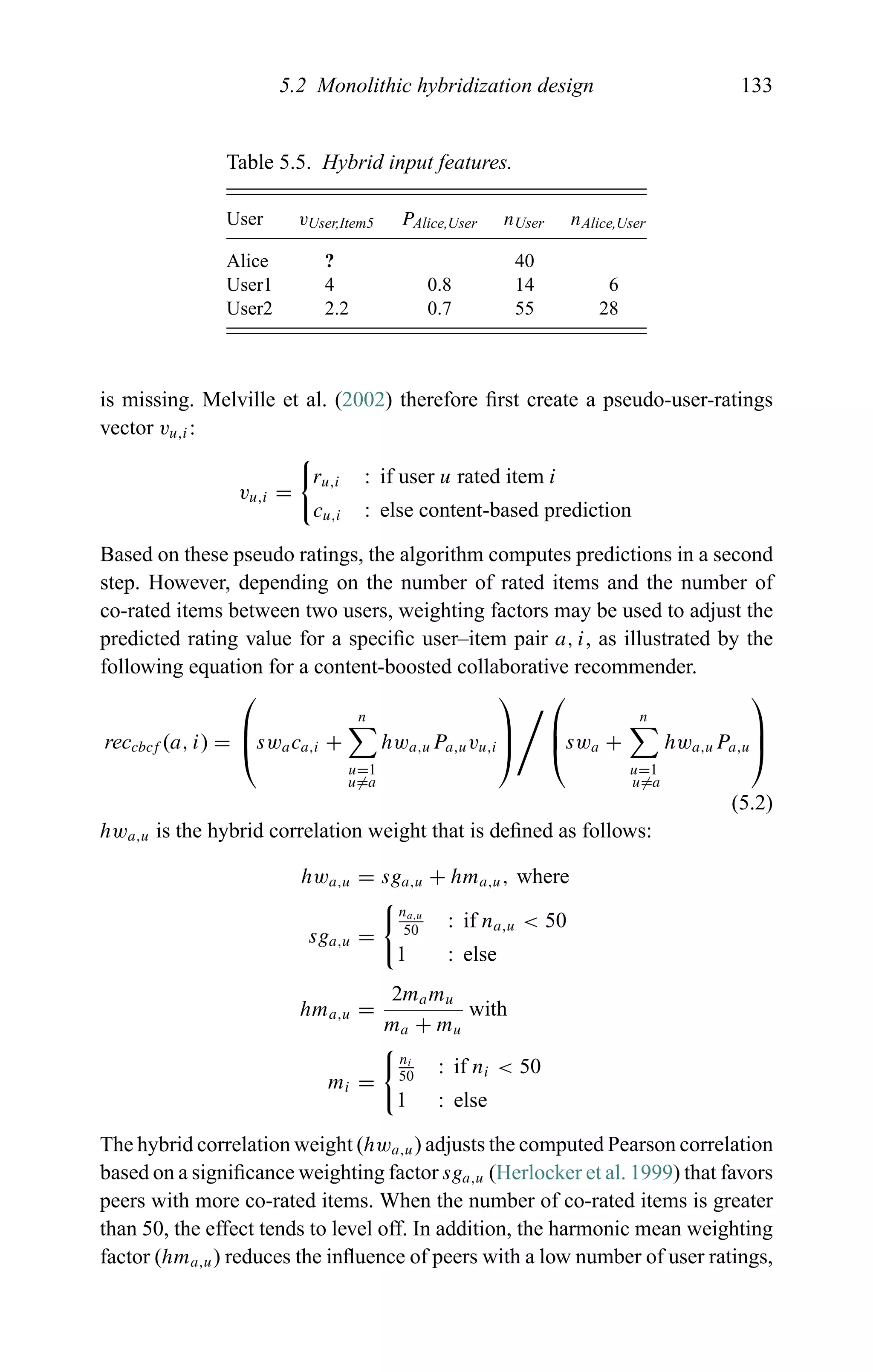 5.2 Monolithic hybridization design 133
Table 5.5. Hybrid input features.
User vUser,Item5 PAlice,User nUser nAlice,User
Alice ? 40
User1 4 0.8 14 6
User2 2.2 0.7 55 28
is missing. Melville et al. (2002) therefore ﬁrst create a pseudo-user-ratings
vector vu,i:
vu,i =
ru,i : if user u rated item i
cu,i : else content-based prediction
Based on these pseudo ratings, the algorithm computes predictions in a second
step. However, depending on the number of rated items and the number of
co-rated items between two users, weighting factors may be used to adjust the
predicted rating value for a speciﬁc user–item pair a, i, as illustrated by the
following equation for a content-boosted collaborative recommender.
reccbcf (a, i) =
⎛
⎜
⎝swaca,i +
n
u=1
u=a
hwa,uPa,uvu,i
⎞
⎟
⎠
⎛
⎜
⎝swa +
n
u=1
u=a
hwa,uPa,u
⎞
⎟
⎠
(5.2)
hwa,u is the hybrid correlation weight that is deﬁned as follows:
hwa,u = sga,u + hma,u, where
sga,u =
na,u
50
: if na,u < 50
1 : else
hma,u =
2mamu
ma + mu
with
mi =
ni
50
: if ni < 50
1 : else
The hybrid correlation weight (hwa,u) adjusts the computed Pearson correlation
based on a signiﬁcance weighting factor sga,u (Herlocker et al. 1999) that favors
peers with more co-rated items. When the number of co-rated items is greater
than 50, the effect tends to level off. In addition, the harmonic mean weighting
factor (hma,u) reduces the inﬂuence of peers with a low number of user ratings,
 