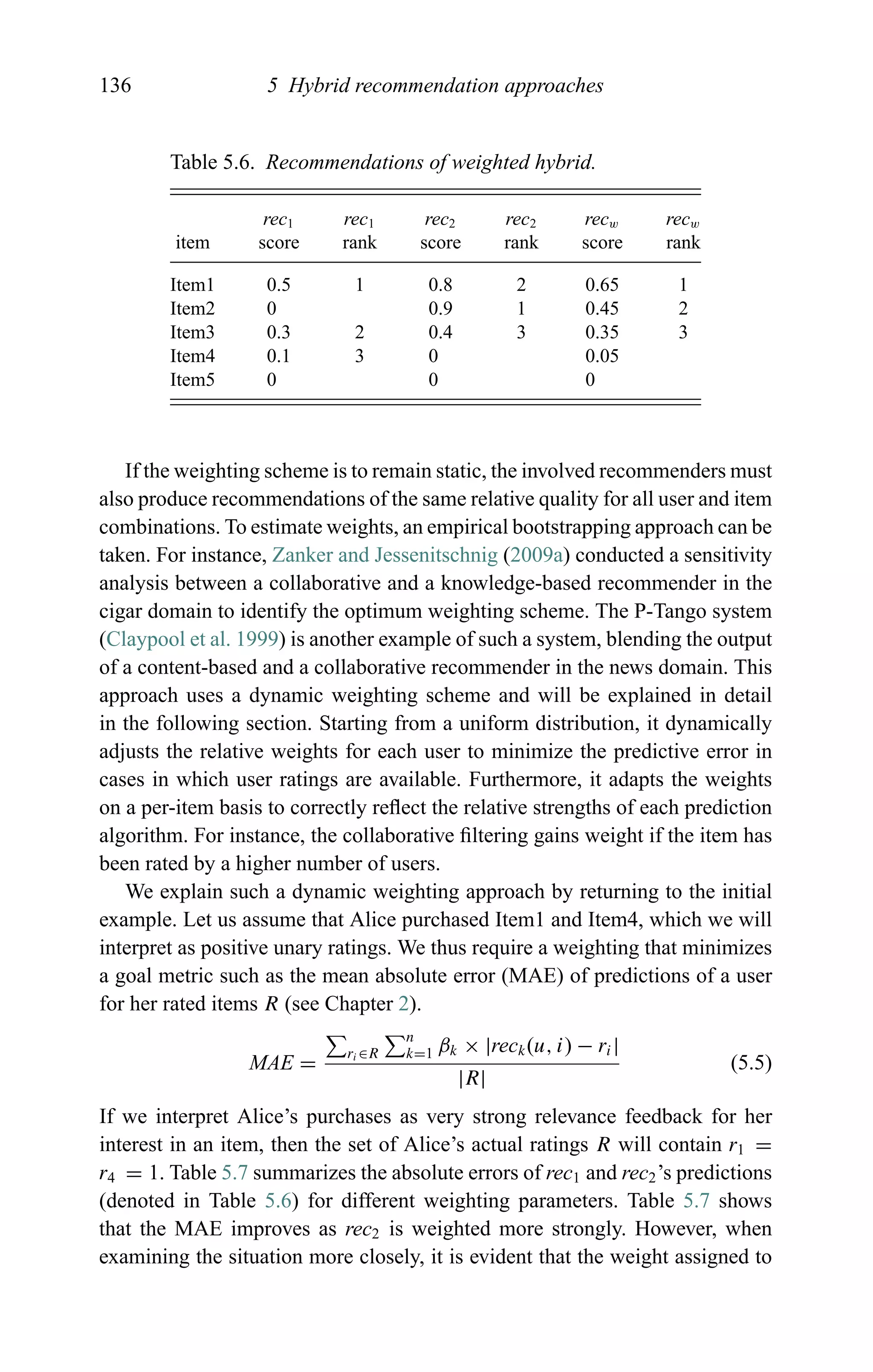 136 5 Hybrid recommendation approaches
Table 5.6. Recommendations of weighted hybrid.
rec1 rec1 rec2 rec2 recw recw
item score rank score rank score rank
Item1 0.5 1 0.8 2 0.65 1
Item2 0 0.9 1 0.45 2
Item3 0.3 2 0.4 3 0.35 3
Item4 0.1 3 0 0.05
Item5 0 0 0
If the weighting scheme is to remain static, the involved recommenders must
also produce recommendations of the same relative quality for all user and item
combinations. To estimate weights, an empirical bootstrapping approach can be
taken. For instance, Zanker and Jessenitschnig (2009a) conducted a sensitivity
analysis between a collaborative and a knowledge-based recommender in the
cigar domain to identify the optimum weighting scheme. The P-Tango system
(Claypool et al. 1999) is another example of such a system, blending the output
of a content-based and a collaborative recommender in the news domain. This
approach uses a dynamic weighting scheme and will be explained in detail
in the following section. Starting from a uniform distribution, it dynamically
adjusts the relative weights for each user to minimize the predictive error in
cases in which user ratings are available. Furthermore, it adapts the weights
on a per-item basis to correctly reﬂect the relative strengths of each prediction
algorithm. For instance, the collaborative ﬁltering gains weight if the item has
been rated by a higher number of users.
We explain such a dynamic weighting approach by returning to the initial
example. Let us assume that Alice purchased Item1 and Item4, which we will
interpret as positive unary ratings. We thus require a weighting that minimizes
a goal metric such as the mean absolute error (MAE) of predictions of a user
for her rated items R (see Chapter 2).
MAE =
ri ∈R
n
k=1 βk × |reck(u, i) − ri|
|R|
(5.5)
If we interpret Alice’s purchases as very strong relevance feedback for her
interest in an item, then the set of Alice’s actual ratings R will contain r1 =
r4 = 1. Table 5.7 summarizes the absolute errors of rec1 and rec2’s predictions
(denoted in Table 5.6) for different weighting parameters. Table 5.7 shows
that the MAE improves as rec2 is weighted more strongly. However, when
examining the situation more closely, it is evident that the weight assigned to
 