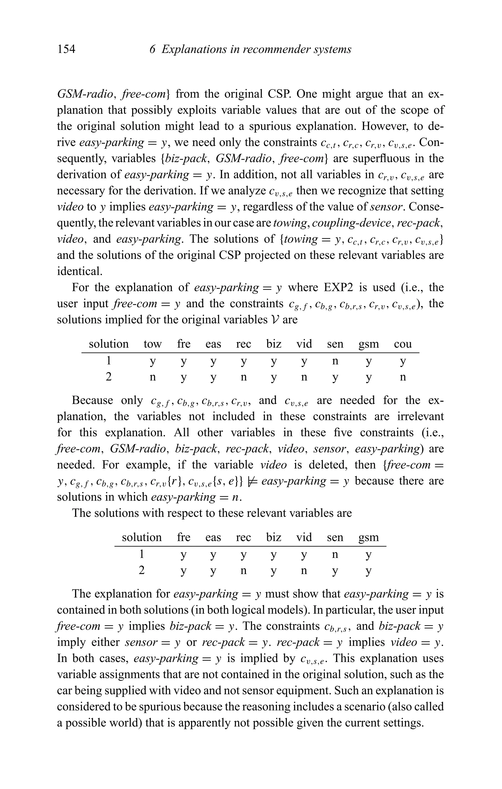 154 6 Explanations in recommender systems
GSM-radio, free-com} from the original CSP. One might argue that an ex-
planation that possibly exploits variable values that are out of the scope of
the original solution might lead to a spurious explanation. However, to de-
rive easy-parking = y, we need only the constraints cc,t , cr,c, cr,v, cv,s,e. Con-
sequently, variables {biz-pack, GSM-radio, free-com} are superﬂuous in the
derivation of easy-parking = y. In addition, not all variables in cr,v, cv,s,e are
necessary for the derivation. If we analyze cv,s,e then we recognize that setting
video to y implies easy-parking = y, regardless of the value of sensor. Conse-
quently, the relevant variables in our case are towing, coupling-device, rec-pack,
video, and easy-parking. The solutions of {towing = y, cc,t , cr,c, cr,v, cv,s,e}
and the solutions of the original CSP projected on these relevant variables are
identical.
For the explanation of easy-parking = y where EXP2 is used (i.e., the
user input free-com = y and the constraints cg,f , cb,g, cb,r,s, cr,v, cv,s,e), the
solutions implied for the original variables V are
solution tow fre eas rec biz vid sen gsm cou
1 y y y y y y n y y
2 n y y n y n y y n
Because only cg,f , cb,g, cb,r,s, cr,v, and cv,s,e are needed for the ex-
planation, the variables not included in these constraints are irrelevant
for this explanation. All other variables in these ﬁve constraints (i.e.,
free-com, GSM-radio, biz-pack, rec-pack, video, sensor, easy-parking) are
needed. For example, if the variable video is deleted, then {free-com =
y, cg,f , cb,g, cb,r,s, cr,v{r}, cv,s,e{s, e}} |= easy-parking = y because there are
solutions in which easy-parking = n.
The solutions with respect to these relevant variables are
solution fre eas rec biz vid sen gsm
1 y y y y y n y
2 y y n y n y y
The explanation for easy-parking = y must show that easy-parking = y is
contained in both solutions (in both logical models). In particular, the user input
free-com = y implies biz-pack = y. The constraints cb,r,s, and biz-pack = y
imply either sensor = y or rec-pack = y. rec-pack = y implies video = y.
In both cases, easy-parking = y is implied by cv,s,e. This explanation uses
variable assignments that are not contained in the original solution, such as the
car being supplied with video and not sensor equipment. Such an explanation is
considered to be spurious because the reasoning includes a scenario (also called
a possible world) that is apparently not possible given the current settings.
 