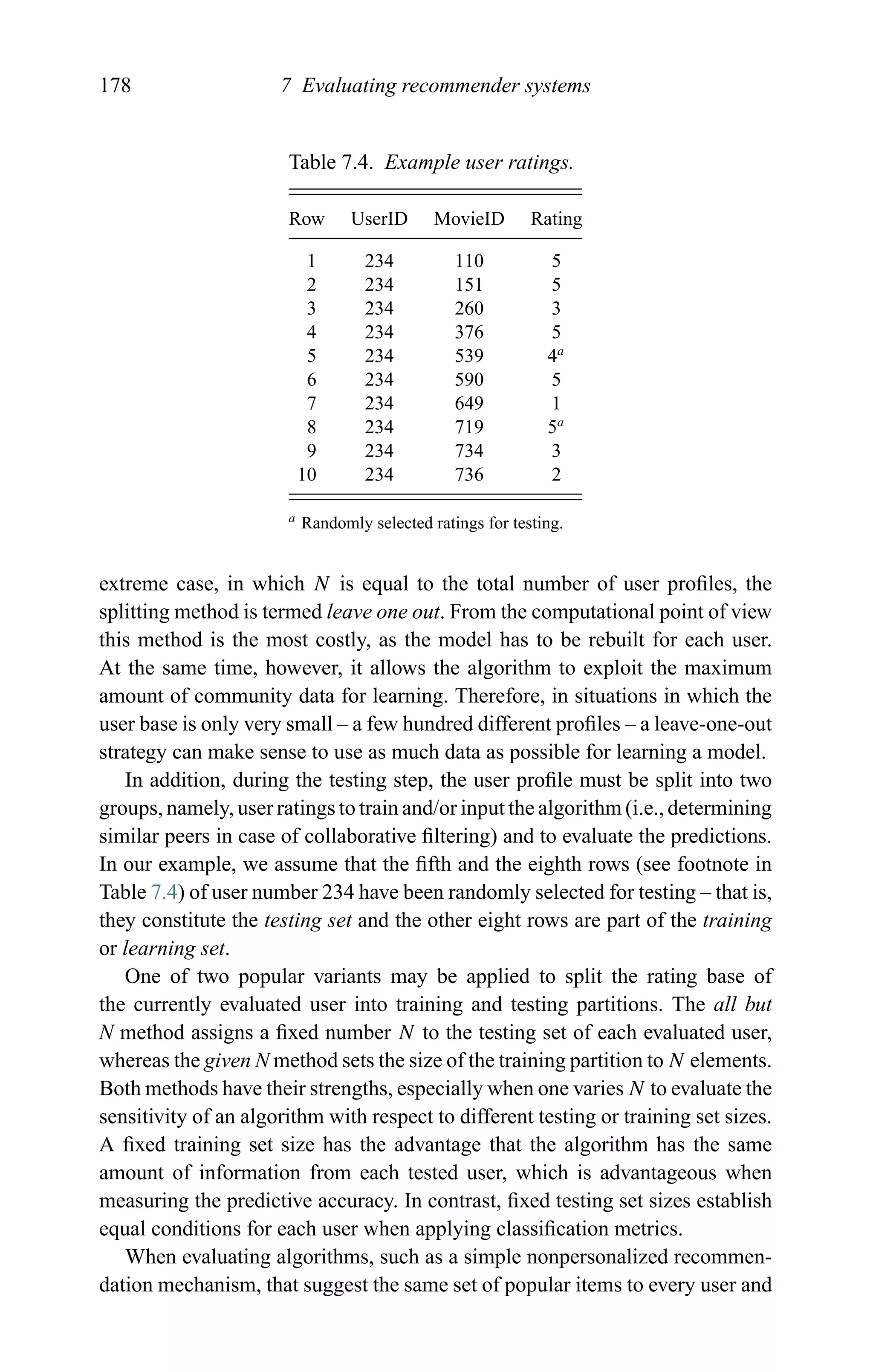 178 7 Evaluating recommender systems
Table 7.4. Example user ratings.
Row UserID MovieID Rating
1 234 110 5
2 234 151 5
3 234 260 3
4 234 376 5
5 234 539 4a
6 234 590 5
7 234 649 1
8 234 719 5a
9 234 734 3
10 234 736 2
a Randomly selected ratings for testing.
extreme case, in which N is equal to the total number of user proﬁles, the
splitting method is termed leave one out. From the computational point of view
this method is the most costly, as the model has to be rebuilt for each user.
At the same time, however, it allows the algorithm to exploit the maximum
amount of community data for learning. Therefore, in situations in which the
user base is only very small – a few hundred different proﬁles – a leave-one-out
strategy can make sense to use as much data as possible for learning a model.
In addition, during the testing step, the user proﬁle must be split into two
groups, namely, user ratings to train and/or input the algorithm (i.e., determining
similar peers in case of collaborative ﬁltering) and to evaluate the predictions.
In our example, we assume that the ﬁfth and the eighth rows (see footnote in
Table 7.4) of user number 234 have been randomly selected for testing – that is,
they constitute the testing set and the other eight rows are part of the training
or learning set.
One of two popular variants may be applied to split the rating base of
the currently evaluated user into training and testing partitions. The all but
N method assigns a ﬁxed number N to the testing set of each evaluated user,
whereas the given N method sets the size of the training partition to N elements.
Both methods have their strengths, especially when one varies N to evaluate the
sensitivity of an algorithm with respect to different testing or training set sizes.
A ﬁxed training set size has the advantage that the algorithm has the same
amount of information from each tested user, which is advantageous when
measuring the predictive accuracy. In contrast, ﬁxed testing set sizes establish
equal conditions for each user when applying classiﬁcation metrics.
When evaluating algorithms, such as a simple nonpersonalized recommen-
dation mechanism, that suggest the same set of popular items to every user and
 