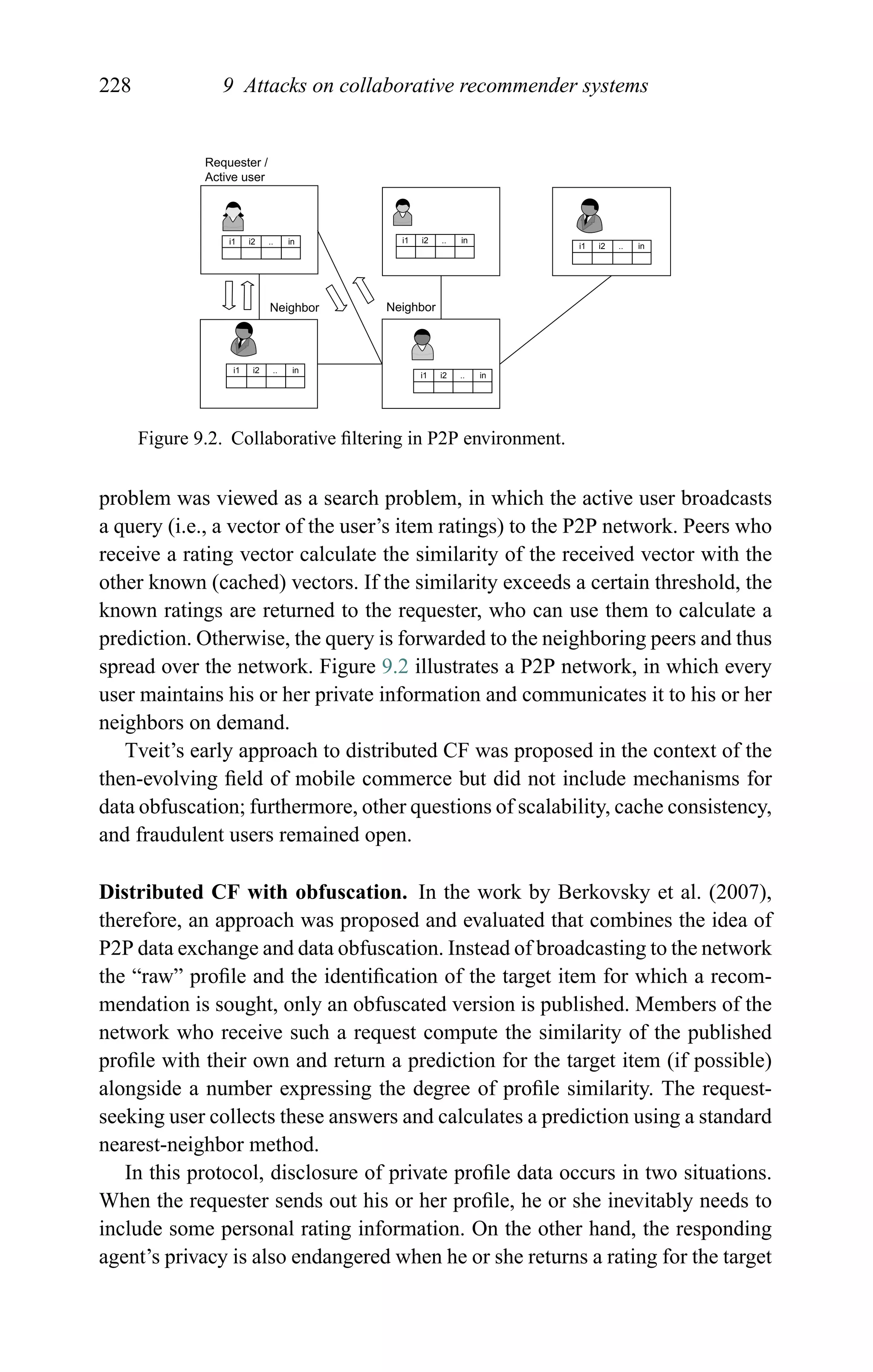 228 9 Attacks on collaborative recommender systems
Neighbor Neighbor
Requester /
Active user
i1 i2 .. in
i1 i2 .. in
i1 i2 .. in
i1 i2 .. in
i1 i2 .. in
Figure 9.2. Collaborative ﬁltering in P2P environment.
problem was viewed as a search problem, in which the active user broadcasts
a query (i.e., a vector of the user’s item ratings) to the P2P network. Peers who
receive a rating vector calculate the similarity of the received vector with the
other known (cached) vectors. If the similarity exceeds a certain threshold, the
known ratings are returned to the requester, who can use them to calculate a
prediction. Otherwise, the query is forwarded to the neighboring peers and thus
spread over the network. Figure 9.2 illustrates a P2P network, in which every
user maintains his or her private information and communicates it to his or her
neighbors on demand.
Tveit’s early approach to distributed CF was proposed in the context of the
then-evolving ﬁeld of mobile commerce but did not include mechanisms for
data obfuscation; furthermore, other questions of scalability, cache consistency,
and fraudulent users remained open.
Distributed CF with obfuscation. In the work by Berkovsky et al. (2007),
therefore, an approach was proposed and evaluated that combines the idea of
P2P data exchange and data obfuscation. Instead of broadcasting to the network
the “raw” proﬁle and the identiﬁcation of the target item for which a recom-
mendation is sought, only an obfuscated version is published. Members of the
network who receive such a request compute the similarity of the published
proﬁle with their own and return a prediction for the target item (if possible)
alongside a number expressing the degree of proﬁle similarity. The request-
seeking user collects these answers and calculates a prediction using a standard
nearest-neighbor method.
In this protocol, disclosure of private proﬁle data occurs in two situations.
When the requester sends out his or her proﬁle, he or she inevitably needs to
include some personal rating information. On the other hand, the responding
agent’s privacy is also endangered when he or she returns a rating for the target
 