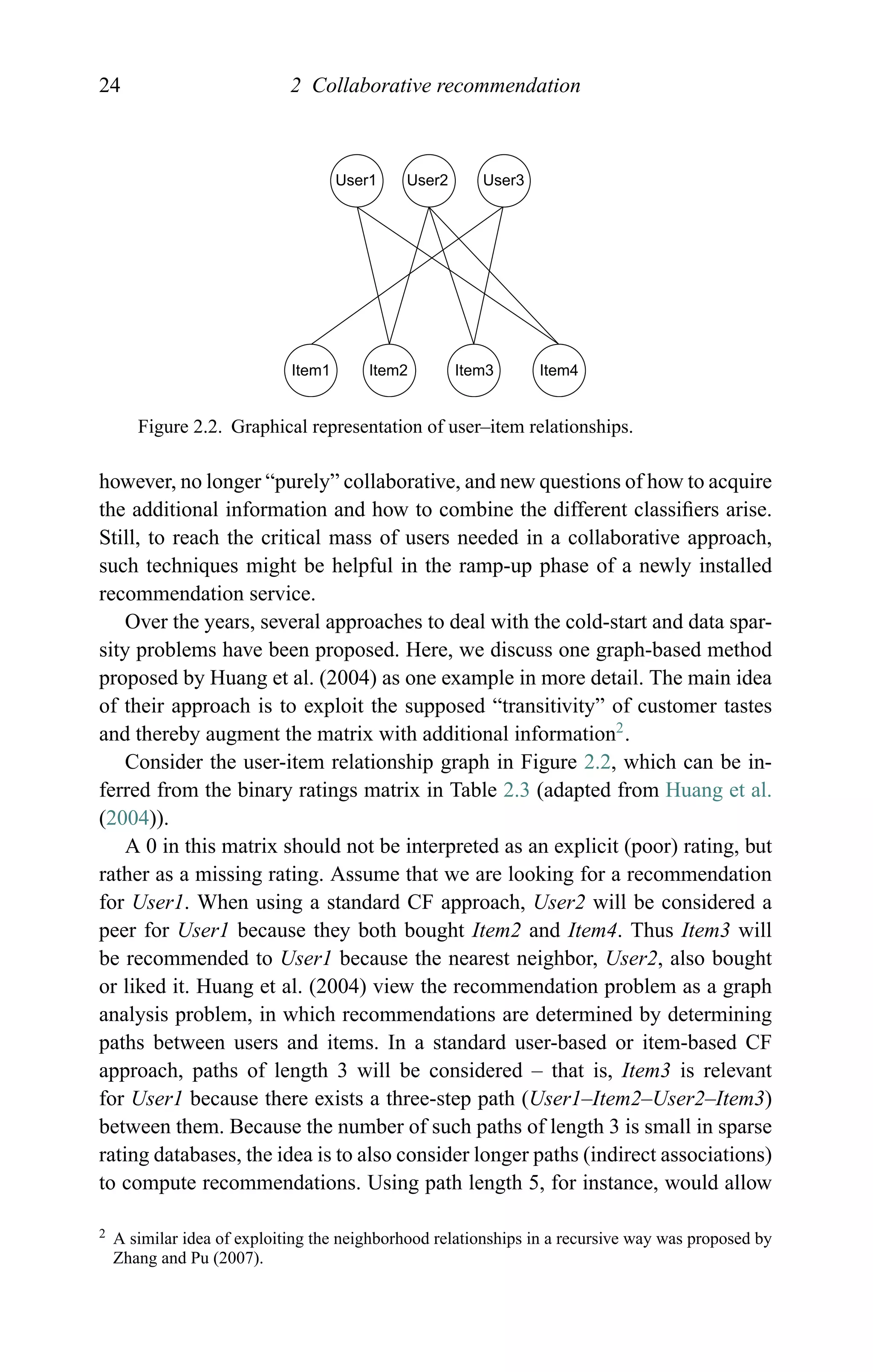 24 2 Collaborative recommendation
User1
Item1 Item2 Item3 Item4
User2 User3
Figure 2.2. Graphical representation of user–item relationships.
however, no longer “purely” collaborative, and new questions of how to acquire
the additional information and how to combine the different classiﬁers arise.
Still, to reach the critical mass of users needed in a collaborative approach,
such techniques might be helpful in the ramp-up phase of a newly installed
recommendation service.
Over the years, several approaches to deal with the cold-start and data spar-
sity problems have been proposed. Here, we discuss one graph-based method
proposed by Huang et al. (2004) as one example in more detail. The main idea
of their approach is to exploit the supposed “transitivity” of customer tastes
and thereby augment the matrix with additional information2
.
Consider the user-item relationship graph in Figure 2.2, which can be in-
ferred from the binary ratings matrix in Table 2.3 (adapted from Huang et al.
(2004)).
A 0 in this matrix should not be interpreted as an explicit (poor) rating, but
rather as a missing rating. Assume that we are looking for a recommendation
for User1. When using a standard CF approach, User2 will be considered a
peer for User1 because they both bought Item2 and Item4. Thus Item3 will
be recommended to User1 because the nearest neighbor, User2, also bought
or liked it. Huang et al. (2004) view the recommendation problem as a graph
analysis problem, in which recommendations are determined by determining
paths between users and items. In a standard user-based or item-based CF
approach, paths of length 3 will be considered – that is, Item3 is relevant
for User1 because there exists a three-step path (User1–Item2–User2–Item3)
between them. Because the number of such paths of length 3 is small in sparse
rating databases, the idea is to also consider longer paths (indirect associations)
to compute recommendations. Using path length 5, for instance, would allow
2 A similar idea of exploiting the neighborhood relationships in a recursive way was proposed by
Zhang and Pu (2007).
 