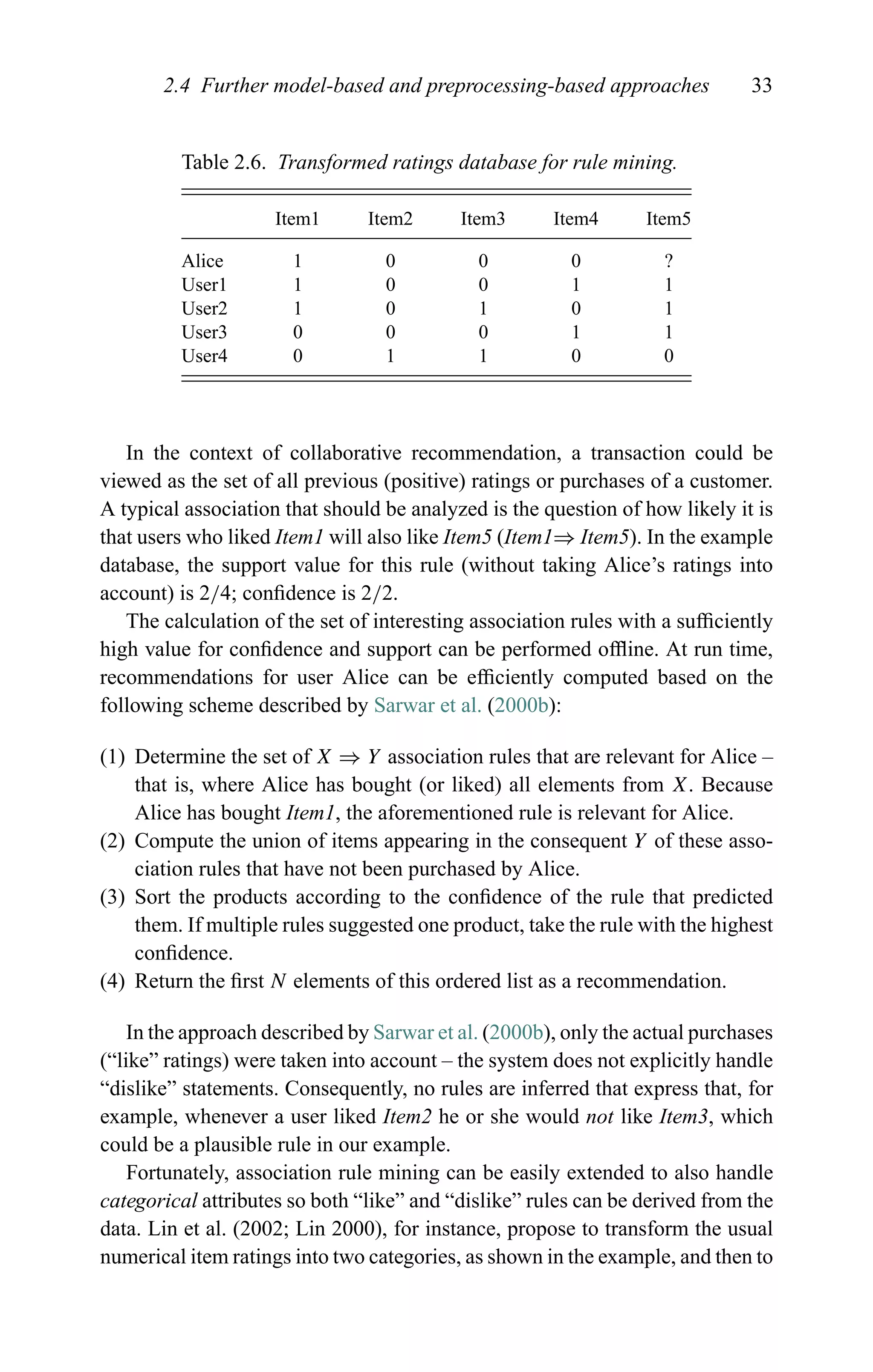 2.4 Further model-based and preprocessing-based approaches 33
Table 2.6. Transformed ratings database for rule mining.
Item1 Item2 Item3 Item4 Item5
Alice 1 0 0 0 ?
User1 1 0 0 1 1
User2 1 0 1 0 1
User3 0 0 0 1 1
User4 0 1 1 0 0
In the context of collaborative recommendation, a transaction could be
viewed as the set of all previous (positive) ratings or purchases of a customer.
A typical association that should be analyzed is the question of how likely it is
that users who liked Item1 will also like Item5 (Item1⇒ Item5). In the example
database, the support value for this rule (without taking Alice’s ratings into
account) is 2/4; conﬁdence is 2/2.
The calculation of the set of interesting association rules with a sufﬁciently
high value for conﬁdence and support can be performed ofﬂine. At run time,
recommendations for user Alice can be efﬁciently computed based on the
following scheme described by Sarwar et al. (2000b):
(1) Determine the set of X ⇒ Y association rules that are relevant for Alice –
that is, where Alice has bought (or liked) all elements from X. Because
Alice has bought Item1, the aforementioned rule is relevant for Alice.
(2) Compute the union of items appearing in the consequent Y of these asso-
ciation rules that have not been purchased by Alice.
(3) Sort the products according to the conﬁdence of the rule that predicted
them. If multiple rules suggested one product, take the rule with the highest
conﬁdence.
(4) Return the ﬁrst N elements of this ordered list as a recommendation.
In the approach described by Sarwar et al. (2000b), only the actual purchases
(“like” ratings) were taken into account – the system does not explicitly handle
“dislike” statements. Consequently, no rules are inferred that express that, for
example, whenever a user liked Item2 he or she would not like Item3, which
could be a plausible rule in our example.
Fortunately, association rule mining can be easily extended to also handle
categorical attributes so both “like” and “dislike” rules can be derived from the
data. Lin et al. (2002; Lin 2000), for instance, propose to transform the usual
numerical item ratings into two categories, as shown in the example, and then to
 