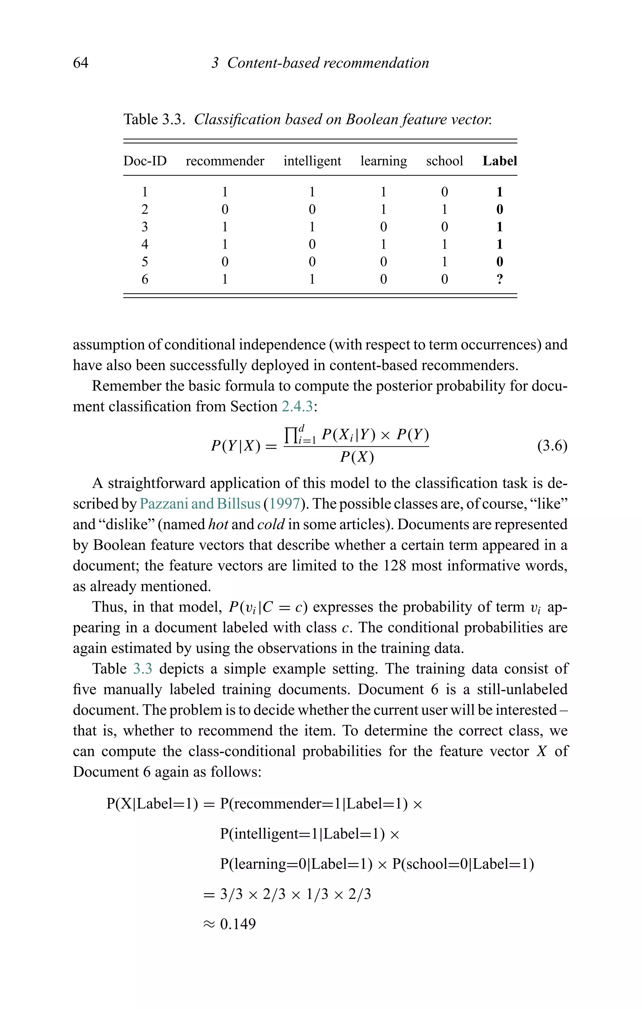 64 3 Content-based recommendation
Table 3.3. Classiﬁcation based on Boolean feature vector.
Doc-ID recommender intelligent learning school Label
1 1 1 1 0 1
2 0 0 1 1 0
3 1 1 0 0 1
4 1 0 1 1 1
5 0 0 0 1 0
6 1 1 0 0 ?
assumption of conditional independence (with respect to term occurrences) and
have also been successfully deployed in content-based recommenders.
Remember the basic formula to compute the posterior probability for docu-
ment classiﬁcation from Section 2.4.3:
P(Y|X) =
d
i=1 P(Xi|Y) × P(Y)
P(X)
(3.6)
A straightforward application of this model to the classiﬁcation task is de-
scribed by Pazzani and Billsus (1997). The possible classes are, of course, “like”
and “dislike” (named hot and cold in some articles). Documents are represented
by Boolean feature vectors that describe whether a certain term appeared in a
document; the feature vectors are limited to the 128 most informative words,
as already mentioned.
Thus, in that model, P(vi|C = c) expresses the probability of term vi ap-
pearing in a document labeled with class c. The conditional probabilities are
again estimated by using the observations in the training data.
Table 3.3 depicts a simple example setting. The training data consist of
ﬁve manually labeled training documents. Document 6 is a still-unlabeled
document. The problem is to decide whether the current user will be interested –
that is, whether to recommend the item. To determine the correct class, we
can compute the class-conditional probabilities for the feature vector X of
Document 6 again as follows:
P(X|Label=1) = P(recommender=1|Label=1) ×
P(intelligent=1|Label=1) ×
P(learning=0|Label=1) × P(school=0|Label=1)
= 3/3 × 2/3 × 1/3 × 2/3
≈ 0.149
 