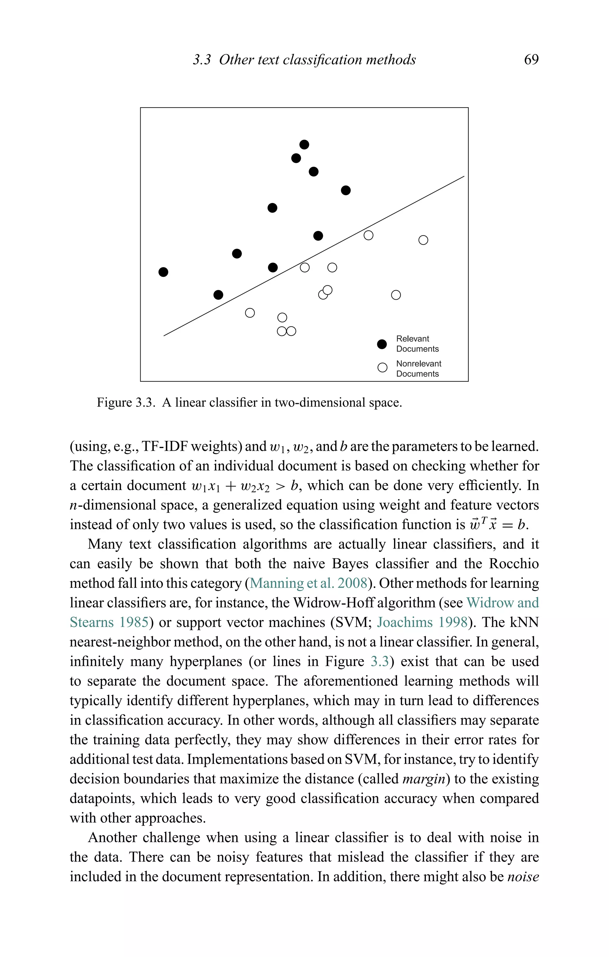3.3 Other text classiﬁcation methods 69
Relevant
Documents
Nonrelevant
Documents
Figure 3.3. A linear classiﬁer in two-dimensional space.
(using, e.g., TF-IDF weights) and w1, w2, and b are the parameters to be learned.
The classiﬁcation of an individual document is based on checking whether for
a certain document w1x1 + w2x2 > b, which can be done very efﬁciently. In
n-dimensional space, a generalized equation using weight and feature vectors
instead of only two values is used, so the classiﬁcation function is wT
x = b.
Many text classiﬁcation algorithms are actually linear classiﬁers, and it
can easily be shown that both the naive Bayes classiﬁer and the Rocchio
method fall into this category (Manning et al. 2008). Other methods for learning
linear classiﬁers are, for instance, the Widrow-Hoff algorithm (see Widrow and
Stearns 1985) or support vector machines (SVM; Joachims 1998). The kNN
nearest-neighbor method, on the other hand, is not a linear classiﬁer. In general,
inﬁnitely many hyperplanes (or lines in Figure 3.3) exist that can be used
to separate the document space. The aforementioned learning methods will
typically identify different hyperplanes, which may in turn lead to differences
in classiﬁcation accuracy. In other words, although all classiﬁers may separate
the training data perfectly, they may show differences in their error rates for
additional test data. Implementations based on SVM, for instance, try to identify
decision boundaries that maximize the distance (called margin) to the existing
datapoints, which leads to very good classiﬁcation accuracy when compared
with other approaches.
Another challenge when using a linear classiﬁer is to deal with noise in
the data. There can be noisy features that mislead the classiﬁer if they are
included in the document representation. In addition, there might also be noise
 