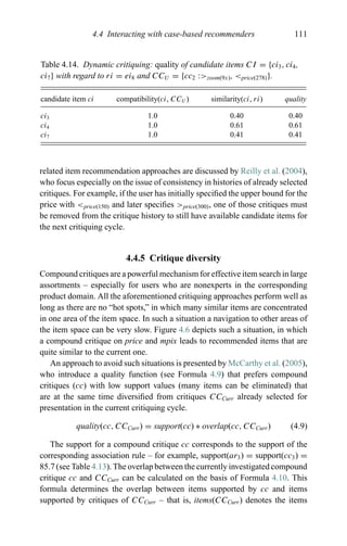 4.4 Interacting with case-based recommenders 111
Table 4.14. Dynamic critiquing: quality of candidate items CI = {ci3, ci4,
ci7} with regard to ri = ei8 and CCU = {cc2 :>zoom(9x), <price(278)}.
candidate item ci compatibility(ci, CCU ) similarity(ci, ri) quality
ci3 1.0 0.40 0.40
ci4 1.0 0.61 0.61
ci7 1.0 0.41 0.41
related item recommendation approaches are discussed by Reilly et al. (2004),
who focus especially on the issue of consistency in histories of already selected
critiques. For example, if the user has initially speciﬁed the upper bound for the
price with <price(150) and later speciﬁes >price(300), one of those critiques must
be removed from the critique history to still have available candidate items for
the next critiquing cycle.
4.4.5 Critique diversity
Compound critiques are a powerful mechanism for effective item search in large
assortments – especially for users who are nonexperts in the corresponding
product domain. All the aforementioned critiquing approaches perform well as
long as there are no “hot spots,” in which many similar items are concentrated
in one area of the item space. In such a situation a navigation to other areas of
the item space can be very slow. Figure 4.6 depicts such a situation, in which
a compound critique on price and mpix leads to recommended items that are
quite similar to the current one.
An approach to avoid such situations is presented by McCarthy et al. (2005),
who introduce a quality function (see Formula 4.9) that prefers compound
critiques (cc) with low support values (many items can be eliminated) that
are at the same time diversiﬁed from critiques CCCurr already selected for
presentation in the current critiquing cycle.
quality(cc, CCCurr) = support(cc) ∗ overlap(cc, CCCurr) (4.9)
The support for a compound critique cc corresponds to the support of the
corresponding association rule – for example, support(ar3) = support(cc3) =
85.7 (see Table 4.13). The overlap between the currently investigated compound
critique cc and CCCurr can be calculated on the basis of Formula 4.10. This
formula determines the overlap between items supported by cc and items
supported by critiques of CCCurr – that is, items(CCCurr) denotes the items
 