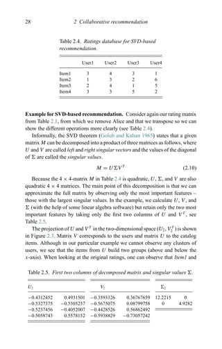 28 2 Collaborative recommendation
Table 2.4. Ratings database for SVD-based
recommendation.
User1 User2 User3 User4
Item1 3 4 3 1
Item2 1 3 2 6
Item3 2 4 1 5
Item4 3 3 5 2
Example for SVD-based recommendation. Consider again our rating matrix
from Table 2.1, from which we remove Alice and that we transpose so we can
show the different operations more clearly (see Table 2.4).
Informally, the SVD theorem (Golub and Kahan 1965) states that a given
matrix M can be decomposed into a product of three matrices as follows, where
U and V are called left and right singular vectors and the values of the diagonal
of are called the singular values.
M = U V T
(2.10)
Because the 4 × 4-matrix M in Table 2.4 is quadratic, U, , and V are also
quadratic 4 × 4 matrices. The main point of this decomposition is that we can
approximate the full matrix by observing only the most important features –
those with the largest singular values. In the example, we calculate U, V , and
(with the help of some linear algebra software) but retain only the two most
important features by taking only the ﬁrst two columns of U and V T
, see
Table 2.5.
The projection of U and V T
in the two-dimensional space (U2, V T
2 ) is shown
in Figure 2.3. Matrix V corresponds to the users and matrix U to the catalog
items. Although in our particular example we cannot observe any clusters of
users, we see that the items from U build two groups (above and below the
x-axis). When looking at the original ratings, one can observe that Item1 and
Table 2.5. First two columns of decomposed matrix and singular values .
U2
−0.4312452 0.4931501
−0.5327375 −0.5305257
−0.5237456 −0.4052007
−0.5058743 0.5578152
V2
−0.3593326 0.36767659
−0.5675075 0.08799758
−0.4428526 0.56862492
−0.5938829 −0.73057242
2
12.2215 0
0 4.9282
 