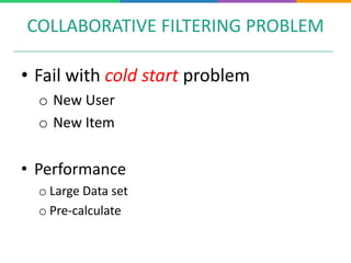 COLLABORATIVE FILTERING PROBLEM
• Fail with cold start problem
o New User
o New Item
• Performance
o Large Data set
o Pre-calculate
 