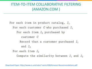 ITEM-TO-ITEM COLLABORATIVE FILTERING
(AMAZON.COM )
Download Paper: http://www.cs.umd.edu/~samir/498/Amazon-Recommendations.pdf
 