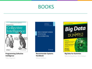 BOOKS
Programming Collective
Intelligence
Toby Segaran
Recommender Systems
Handbook
Many Authors
Big Data For Dummies
Marcia Kaufman, Fern Halper
 