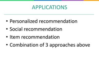 APPLICATIONS
• Personalized recommendation
• Social recommendation
• Item recommendation
• Combination of 3 approaches above
 