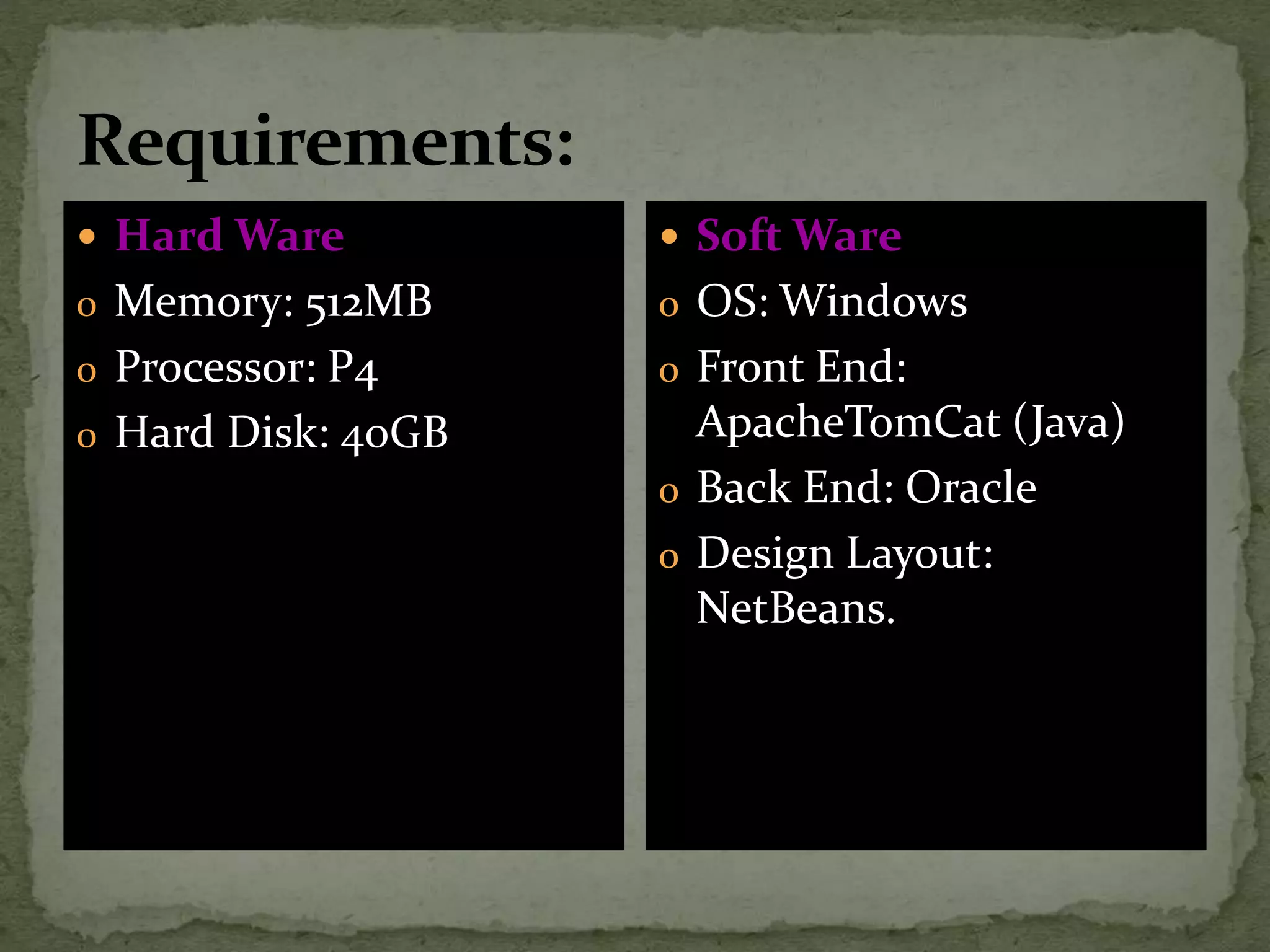 Requirements:
 Hard Ware
o Memory: 512MB
o Processor: P4
o Hard Disk: 40GB
 Soft Ware
o OS: Windows
o Front End:
ApacheTomCat (Java)
o Back End: Oracle
o Design Layout:
NetBeans.
 