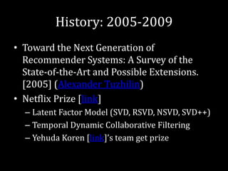 History: 2005-2009
• Toward the Next Generation of
  Recommender Systems: A Survey of the
  State-of-the-Art and Possible Extensions.
  [2005] (Alexander Tuzhilin)
• Netflix Prize [link]
  – Latent Factor Model (SVD, RSVD, NSVD, SVD++)
  – Temporal Dynamic Collaborative Filtering
  – Yehuda Koren [link]’s team get prize
 