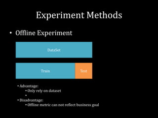 Experiment Methods
• Offline Experiment

                    DataSet




                Train                    Test


  • Advantage:
       • Only rely on dataset
       •
  • Disadvantage:
       • Offline metric can not reflect business goal
 