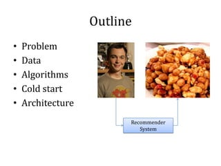Outline
    Problem
    Data
•

    Algorithms
•

    Cold start
•

    Architecture
•
•
                         Recommender
                            System
 