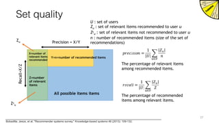 Set quality
All possible items items
Y=n=number of recommended items
Precision = X/Y
Z=number
of relevant
items
X=number of
relevant items
recommended
Recall=X/Z
Zu
Zc
u
U : set of users
Zu : set of relevant items recommended to user u
Zc
u : set of relevant items not recommended to user u
n : number of recommended items (size of the set of
recommendations)
 
 
27
The percentage of relevant items
among recommended items.
The percentage of recommended
items among relevant items.
Bobadilla, Jesús, et al. "Recommender systems survey." Knowledge-based systems 46 (2013): 109-132.
 