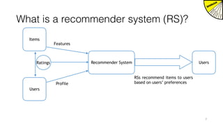 What is a recommender system (RS)?
7
Items
Users
Recommender System Users
Profile
Features
Ratings
RSs recommend items to users
based on users’ preferences
 