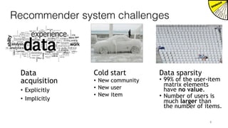 Recommender system challenges
Data
acquisition
• Explicitly
• Implicitly
8
Cold start
• New community
• New user
• New item
Data sparsity
• 99% of the user-item
matrix elements
have no value.
• Number of users is
much larger than
the number of items.
 