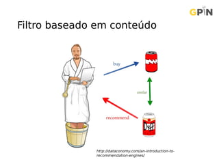 Filtro baseado em conteúdo
http://dataconomy.com/an-introduction-to-
recommendation-engines/
 