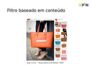 Filtro baseado em conteúdo
Jing, Y. et al. - “Visual Search at Pinterest”, 2015
 