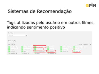 Sistemas de Recomendação
Tags utilizadas pelo usuário em outros filmes,
indicando sentimento positivo
 