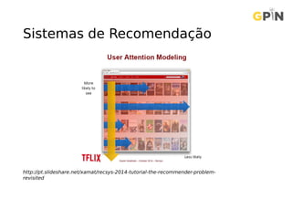 Sistemas de Recomendação
http://pt.slideshare.net/xamat/recsys-2014-tutorial-the-recommender-problem-
revisited
 