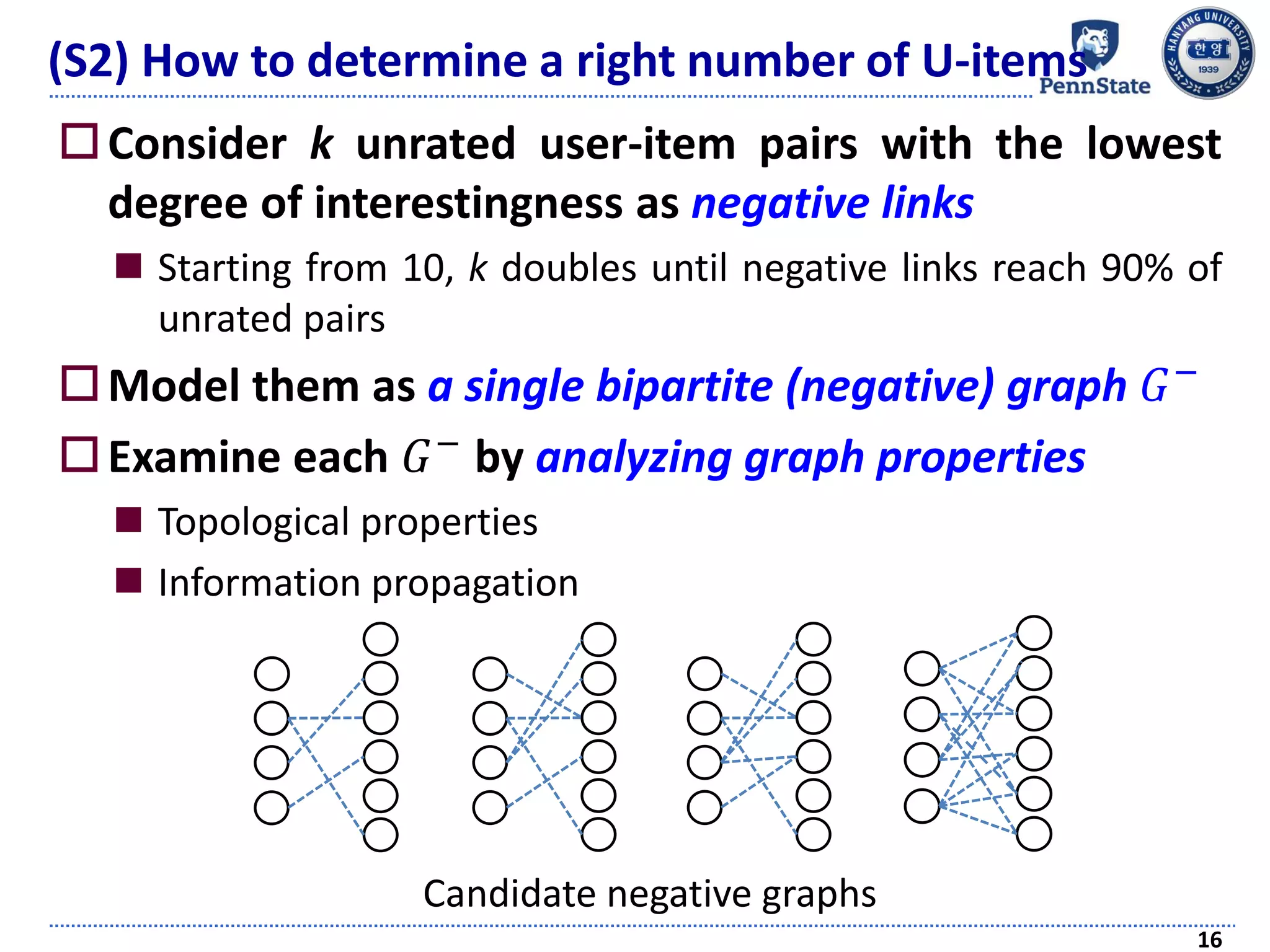 Consider k unrated user-item pairs with the lowest
degree of interestingness as negative links
 Starting from 10, k doubles until negative links reach 90% of
unrated pairs
Model them as a single bipartite (negative) graph 𝐺−
Examine each 𝐺− by analyzing graph properties
 Topological properties
 Information propagation
16
(S2) How to determine a right number of U-items
Candidate negative graphs
 