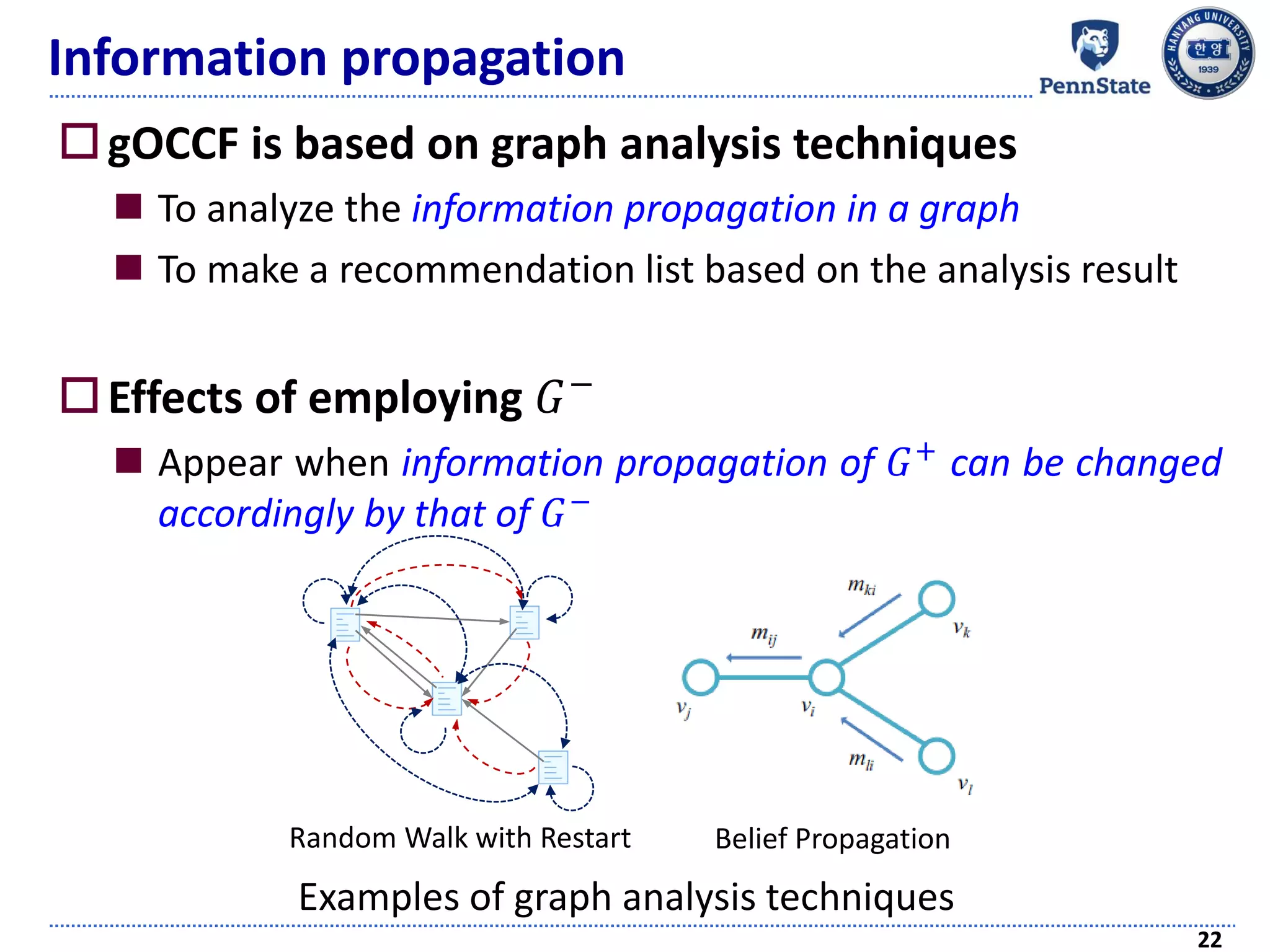Information propagation
gOCCF is based on graph analysis techniques
 To analyze the information propagation in a graph
 To make a recommendation list based on the analysis result
Effects of employing 𝐺−
 Appear when information propagation of 𝐺+ can be changed
accordingly by that of 𝐺−
22
Random Walk with Restart Belief Propagation
Examples of graph analysis techniques
 