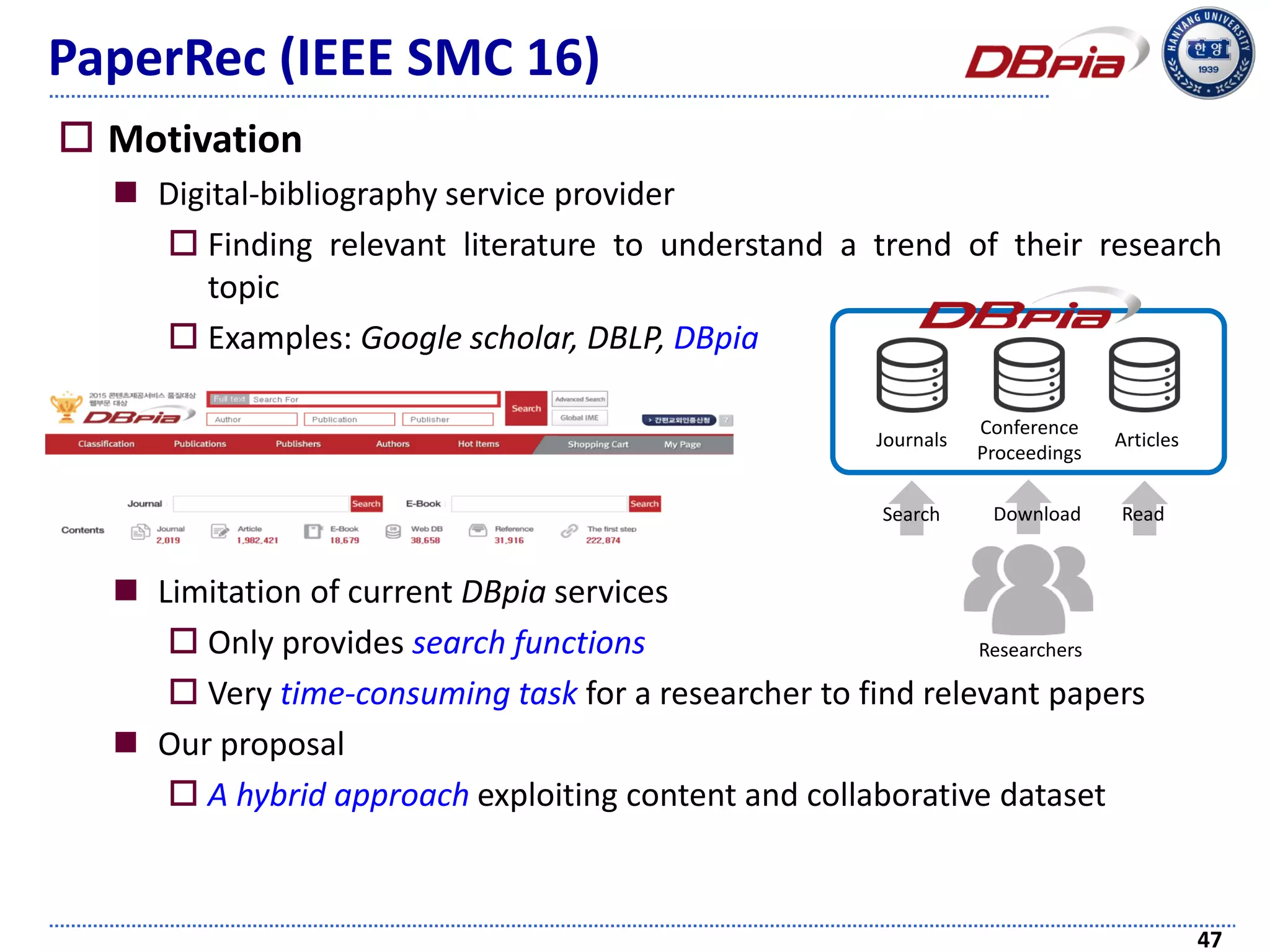 PaperRec (IEEE SMC 16)
 Motivation
 Digital-bibliography service provider
 Finding relevant literature to understand a trend of their research
topic
 Examples: Google scholar, DBLP, DBpia
 Limitation of current DBpia services
 Only provides search functions
 Very time-consuming task for a researcher to find relevant papers
 Our proposal
 A hybrid approach exploiting content and collaborative dataset
47
Researchers
Journals
Conference
Proceedings
Articles
Search Download Read
 