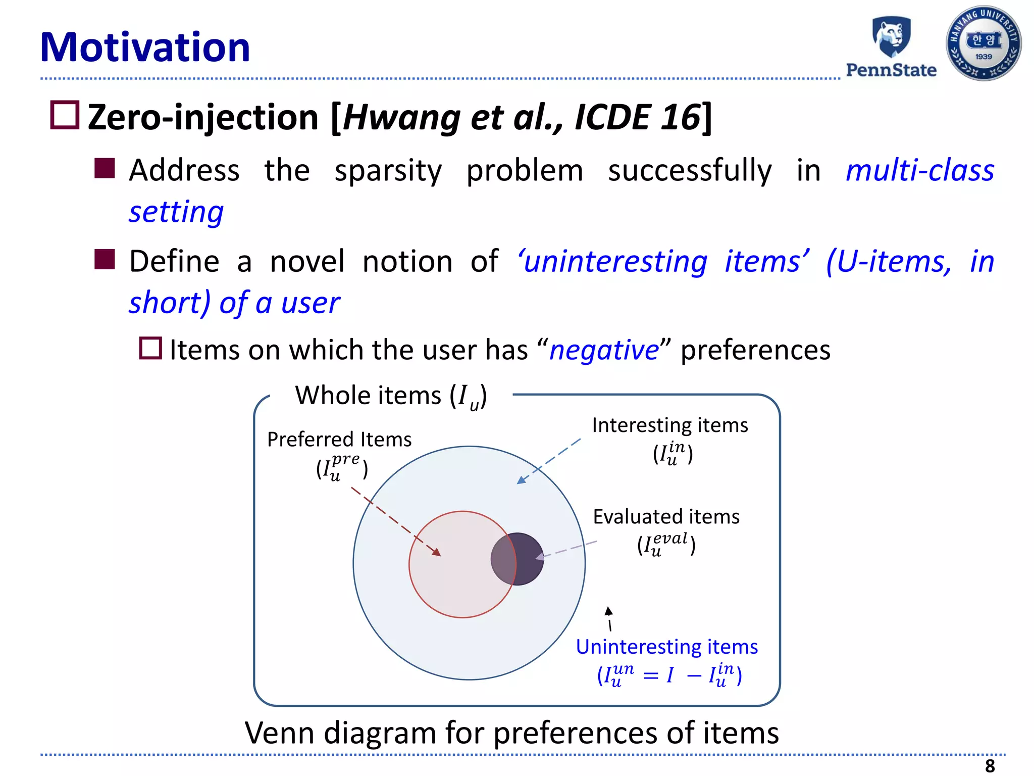 Motivation
Zero-injection [Hwang et al., ICDE 16]
 Address the sparsity problem successfully in multi-class
setting
 Define a novel notion of ‘uninteresting items’ (U-items, in
short) of a user
Items on which the user has “negative” preferences
8
Whole items (𝐼u)
Interesting items
(𝐼 𝑢
𝑖𝑛
)
Uninteresting items
(𝐼 𝑢
𝑢𝑛
= 𝐼 − 𝐼 𝑢
𝑖𝑛
)
Evaluated items
(𝐼 𝑢
𝑒𝑣𝑎𝑙
)
Preferred Items
(𝐼 𝑢
𝑝𝑟𝑒
)
Venn diagram for preferences of items
 