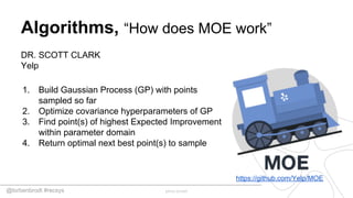 @torbenbrodt #recsys
Algorithms, “How does MOE work”
DR. SCOTT CLARK
Yelp
1. Build Gaussian Process (GP) with points
sampled so far
2. Optimize covariance hyperparameters of GP
3. Find point(s) of highest Expected Improvement
within parameter domain
4. Return optimal next best point(s) to sample
https://github.com/Yelp/MOE
 
