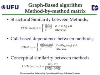 Recommending Refactoring Operations in Large Software SystemsGraph-Based algorithm Method-by-method matrix 
•Structural Similarity between Methods; 
•Call-based dependence between methods; 
•Conceptual similarity between methods.  