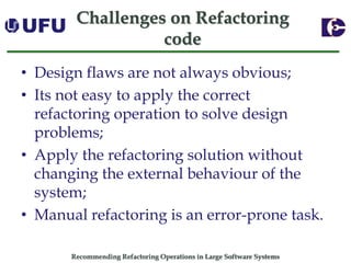 Recommending Refactoring Operations in Large Software SystemsChallenges on Refactoring code 
•Design flaws are not always obvious; 
•Its not easy to apply the correct refactoring operation to solve design problems; 
•Apply the refactoring solution without changing the external behaviour of the system; 
•Manual refactoring is an error-prone task.  