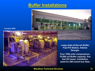 Marathon Technical Services 23 
Buffer Installations 
Courtesy ANGI 
Large state-of-the-art Buffer Fast-Fill Station, Atlanta Georgia. 
Four 1000 scfmcompressors, 70,000 scf Buffer capacity, five fast fill hoses. Installation sized for 200 transit bus fleet.  
