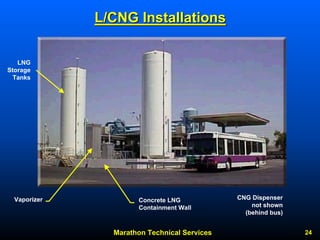 Marathon Technical Services 24 
L/CNG Installations 
Courtesy NexgenFueling 
LNG Storage Tanks 
CNG Dispenser not shown (behind bus) 
Vaporizer 
Concrete LNG Containment Wall  