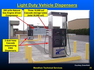 Marathon Technical Services 33 
Light Duty Vehicle Dispensers 
200 scfmNatural Gas Engine driven CompressorThree 10,000 scf Cascade storage tubes (total 30,000 scf) 2 dual hose Cascade sequencing CNG Dispensers 
Courtesy Greenfield  
