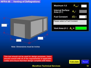 Marathon Technical Services 52 
NFPA 68 Venting of DeflagrationsInternal Surface Area (Ft 2) Av = Pred: As : Fuel Constant (C) : Maximum 1.5Please select a Fuel ConstantVent Area (Ft 2) ”” ”” ”” 
Note: Dimensions must be inches 
This tool should not be used for design purposes. Users 
should consult with all of the requirements of applicable 
codes and ensure that their design complies with these. CalculateReset  