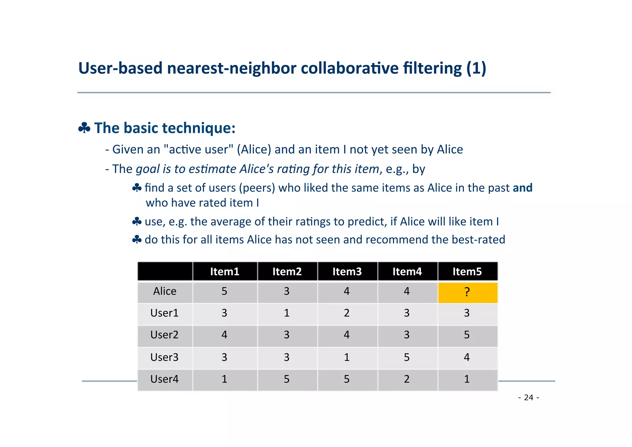 User-­‐based	
  nearest-­‐neighbor	
  collabora;ve	
  ﬁltering	
  (1)	
  
	
  
♣	
  The	
  basic	
  technique:	
  
	
   -­‐	
  Given	
  an	
  "ac8ve	
  user"	
  (Alice)	
  and	
  an	
  item	
  I	
  not	
  yet	
  seen	
  by	
  Alice	
  
	
  -­‐	
  The	
  goal	
  is	
  to	
  es<mate	
  Alice's	
  ra<ng	
  for	
  this	
  item,	
  e.g.,	
  by	
  
	
   ♣	
  ﬁnd	
  a	
  set	
  of	
  users	
  (peers)	
  who	
  liked	
  the	
  same	
  items	
  as	
  Alice	
  in	
  the	
  past	
  and
	
  who	
  have	
  rated	
  item	
  I	
  
	
  ♣	
  use,	
  e.g.	
  the	
  average	
  of	
  their	
  ra8ngs	
  to	
  predict,	
  if	
  Alice	
  will	
  like	
  item	
  I
♣	
  do	
  this	
  for	
  all	
  items	
  Alice	
  has	
  not	
  seen	
  and	
  recommend	
  the	
  best-­‐rated	
  
	
  
Item1	
  
	
  
Item2	
  
	
  
Item3	
  
	
  
Item4	
  
	
  
Item5	
  
	
  Alice	
  
	
  
5	
  
	
  
3	
  
	
  
4	
  
	
  
4	
  
	
  
?	
  
	
  User1	
  
	
  
3	
  
	
  
1	
  
	
  
2	
  
	
  
3	
  
	
  
3	
  
	
  
User2	
  
	
  
4	
  
	
  
3	
  
	
  
4	
  
	
  
3	
  
	
  
5	
  
	
  
User3	
  
	
  
3	
  
	
  
3	
  
	
  
1	
  
	
  
5	
  
	
  
4	
  
	
  
User4	
  
	
  
1	
  
	
  
5	
  
	
  
5	
  
	
  
2	
  
	
  
1	
  
	
   - 24 -
	
  
 