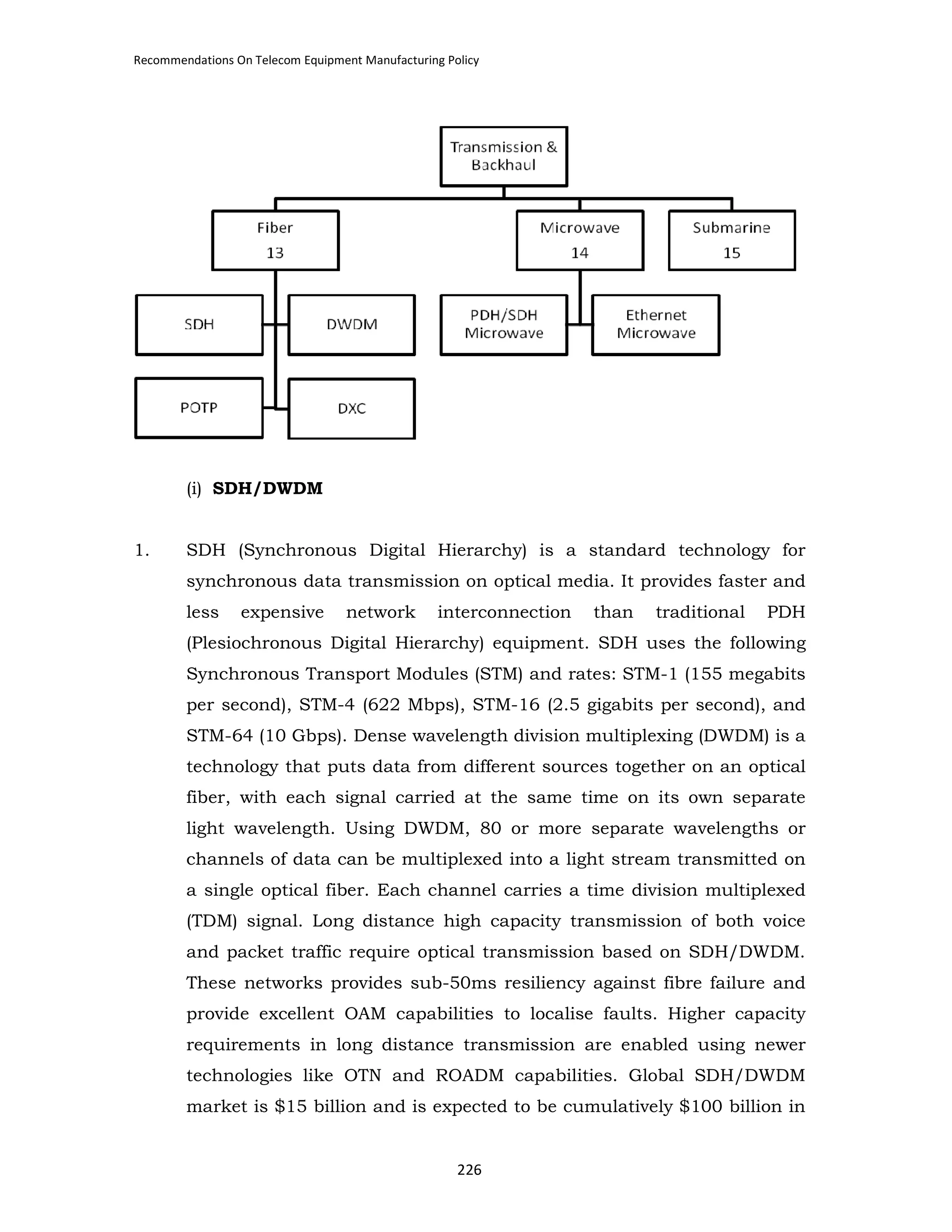 Recommendations On Telecom Equipment Manufacturing Policy

(i) SDH/DWDM
1.

SDH (Synchronous Digital Hierarchy) is a standard technology for
synchronous data transmission on optical media. It provides faster and
less

expensive

network

interconnection

than

traditional

PDH

(Plesiochronous Digital Hierarchy) equipment. SDH uses the following
Synchronous Transport Modules (STM) and rates: STM-1 (155 megabits
per second), STM-4 (622 Mbps), STM-16 (2.5 gigabits per second), and
STM-64 (10 Gbps). Dense wavelength division multiplexing (DWDM) is a
technology that puts data from different sources together on an optical
fiber, with each signal carried at the same time on its own separate
light wavelength. Using DWDM, 80 or more separate wavelengths or
channels of data can be multiplexed into a light stream transmitted on
a single optical fiber. Each channel carries a time division multiplexed
(TDM) signal. Long distance high capacity transmission of both voice
and packet traffic require optical transmission based on SDH/DWDM.
These networks provides sub-50ms resiliency against fibre failure and
provide excellent OAM capabilities to localise faults. Higher capacity
requirements in long distance transmission are enabled using newer
technologies like OTN and ROADM capabilities. Global SDH/DWDM
market is $15 billion and is expected to be cumulatively $100 billion in

226

 