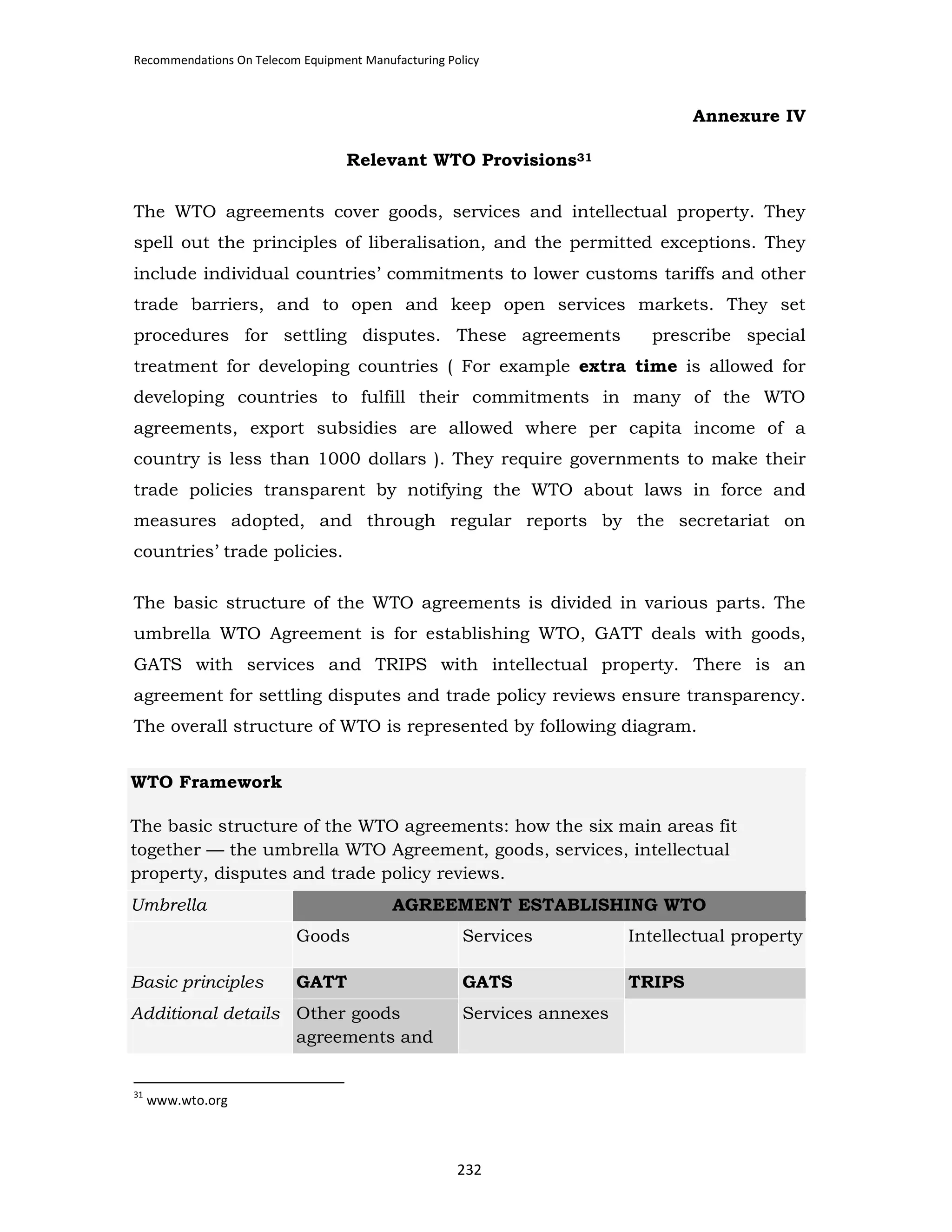 Recommendations On Telecom Equipment Manufacturing Policy

Annexure IV
Relevant WTO Provisions31
The WTO agreements cover goods, services and intellectual property. They
spell out the principles of liberalisation, and the permitted exceptions. They
include individual countries’ commitments to lower customs tariffs and other
trade barriers, and to open and keep open services markets. They set
procedures for settling disputes. These agreements

prescribe special

treatment for developing countries ( For example extra time is allowed for
developing countries to fulfill their commitments in many of the WTO
agreements, export subsidies are allowed where per capita income of a
country is less than 1000 dollars ). They require governments to make their
trade policies transparent by notifying the WTO about laws in force and
measures adopted, and through regular reports by the secretariat on
countries’ trade policies.
The basic structure of the WTO agreements is divided in various parts. The
umbrella WTO Agreement is for establishing WTO, GATT deals with goods,
GATS with services and TRIPS with intellectual property. There is an
agreement for settling disputes and trade policy reviews ensure transparency.
The overall structure of WTO is represented by following diagram.
WTO Framework
The basic structure of the WTO agreements: how the six main areas fit
together — the umbrella WTO Agreement, goods, services, intellectual
property, disputes and trade policy reviews.
Umbrella

AGREEMENT ESTABLISHING WTO
Goods

Basic principles

Services

Intellectual property

GATT

GATS

TRIPS

Additional details Other goods
agreements and

31

Services annexes

www.wto.org

232

 