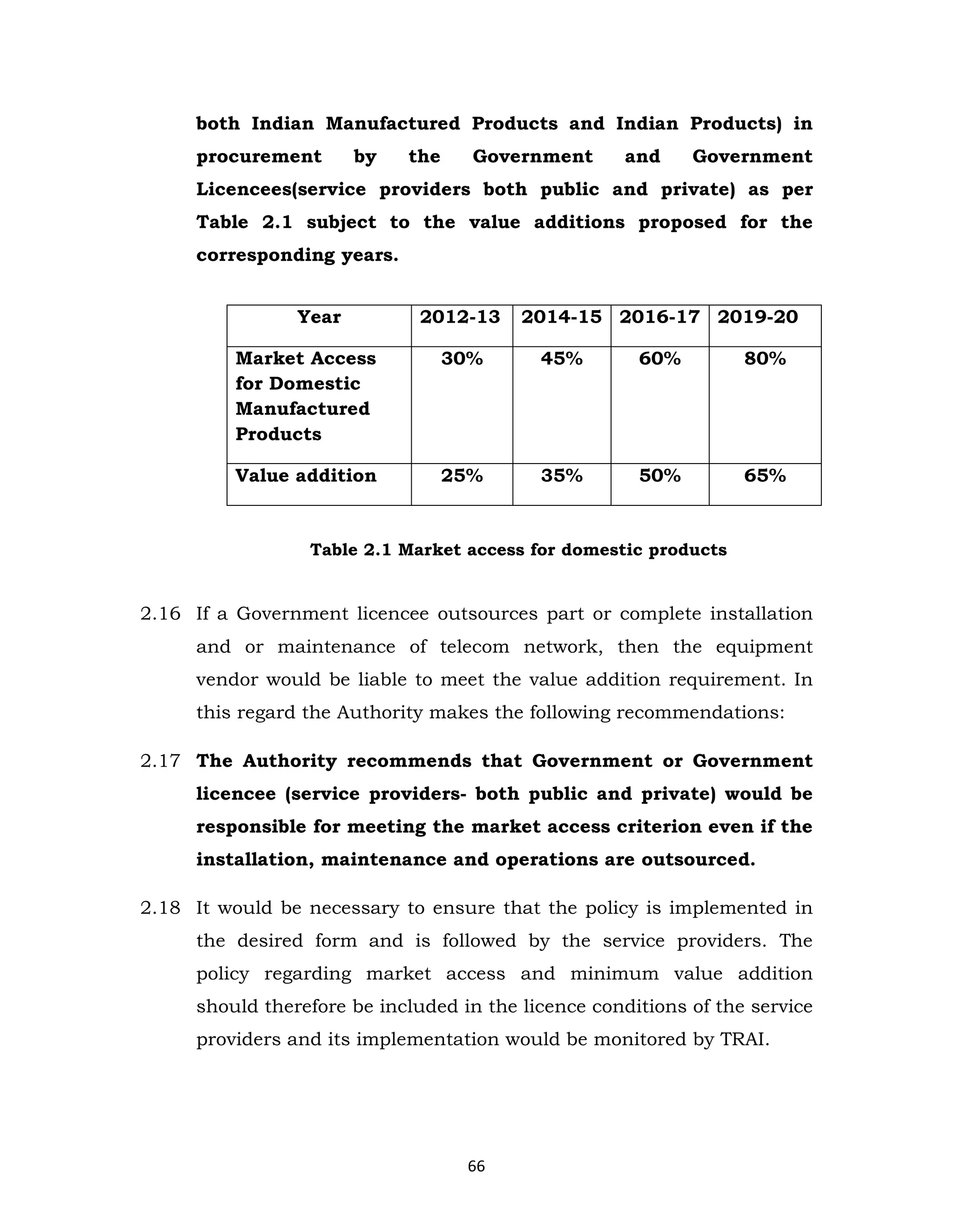 both Indian Manufactured Products and Indian Products) in
procurement

by

the

Government

and

Government

Licencees(service providers both public and private) as per
Table 2.1 subject to the value additions proposed for the
corresponding years.
Year

2012-13

2014-15 2016-17 2019-20

Market Access
for Domestic
Manufactured
Products

30%

45%

60%

80%

Value addition

25%

35%

50%

65%

Table 2.1 Market access for domestic products

2.16 If a Government licencee outsources part or complete installation
and or maintenance of telecom network, then the equipment
vendor would be liable to meet the value addition requirement. In
this regard the Authority makes the following recommendations:
2.17 The Authority recommends that Government or Government
licencee (service providers- both public and private) would be
responsible for meeting the market access criterion even if the
installation, maintenance and operations are outsourced.
2.18 It would be necessary to ensure that the policy is implemented in
the desired form and is followed by the service providers. The
policy regarding market access and minimum value addition
should therefore be included in the licence conditions of the service
providers and its implementation would be monitored by TRAI.

66

 