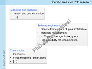 CenterforDoctoralTraining–Newcastle
SeminarSeries–Nov.2015P.Missier
Specific areas for PhD research
Modelling and analytics:
• Impact and cost estimation
• […]
Software engineering
• Generic framework + plugins architecture
• Metadata management
• Capture, storage, index, query
• Reproducibility for recomputation
• […]
Case studies
• Genomics
• Flood modelling / smart cities
• […]
 