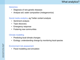 CenterforDoctoralTraining–Newcastle
SeminarSeries–Nov.2015P.Missier
What analytics?
Genomics
• Diagnosis of rare genetic diseases
• Analyse soil, water composition (metagenomics)
Social media analytics, eg Twitter content analysis
• Sentiment analysis
• Topic discovery
• Emergency response
• Fostering new communities
Climate modelling
• Predicting local climate changes
• Ecology: understanding change by monitoring local species
Environment risk assessment
• Flood modelling and simulation
 